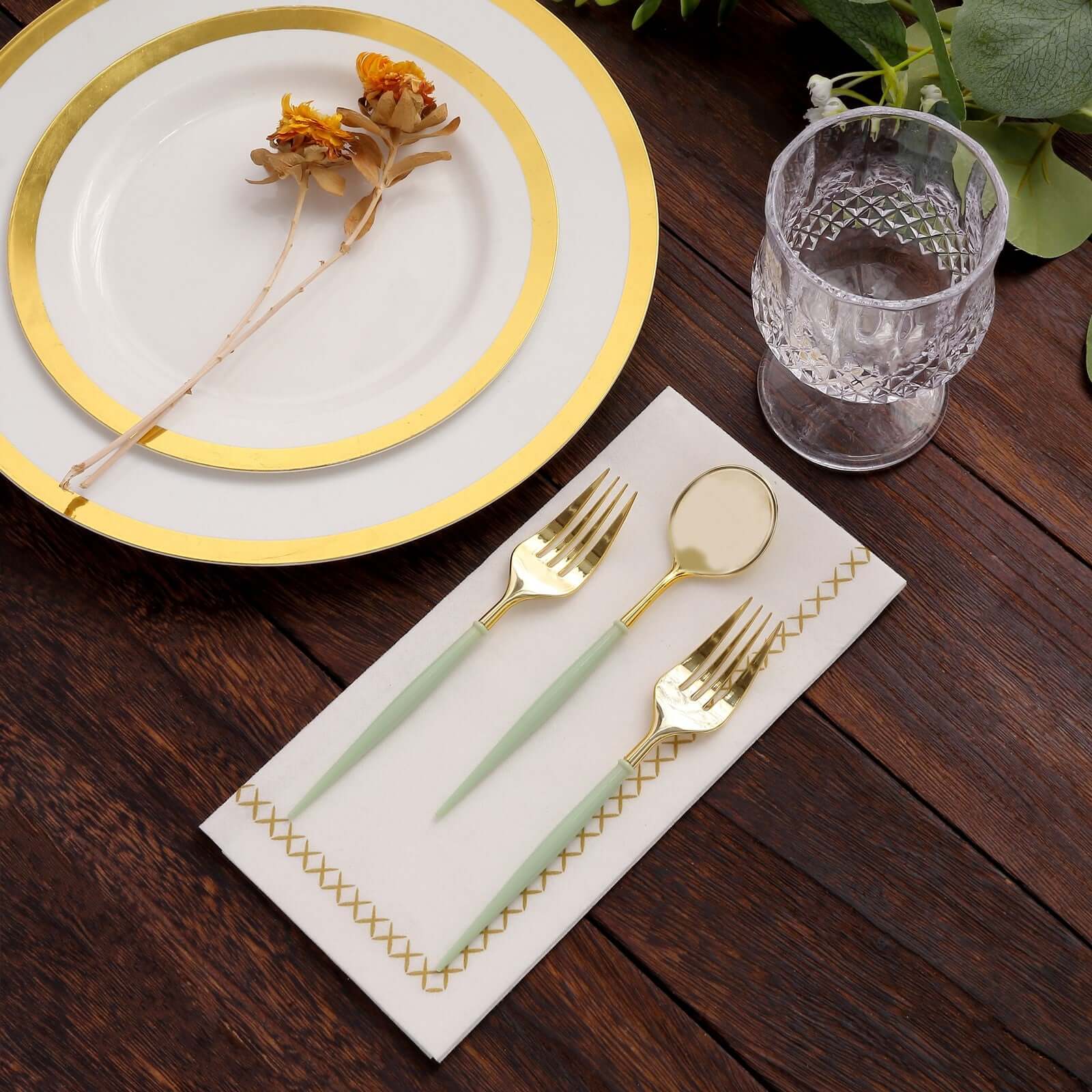 24-Pack Plastic Utensil Set 6" Metallic Gold/Sage Green - Premium Modern Heavy Duty Disposable Fork and Spoon - Image 8