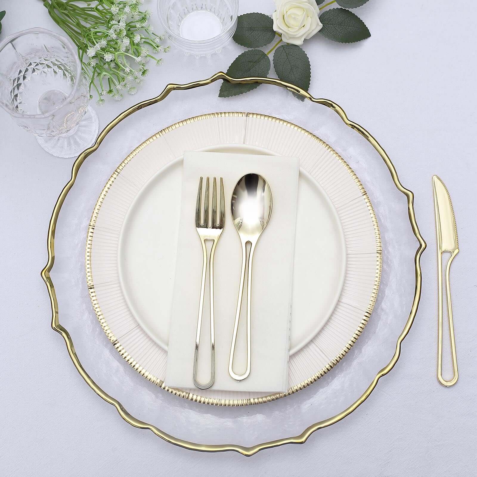 24-Pack Plastic Utensil Set 7" Gold with Modern Hollow Handle Design - Disposable Forks, Spoons, and Knives - Image 2