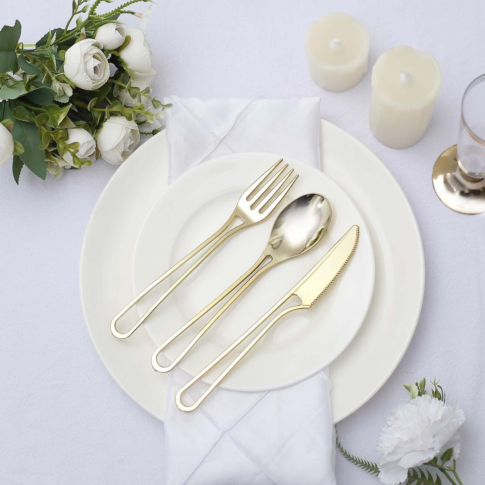 24-Pack Plastic Utensil Set 7" Gold with Modern Hollow Handle Design - Disposable Forks, Spoons, and Knives - Image 4