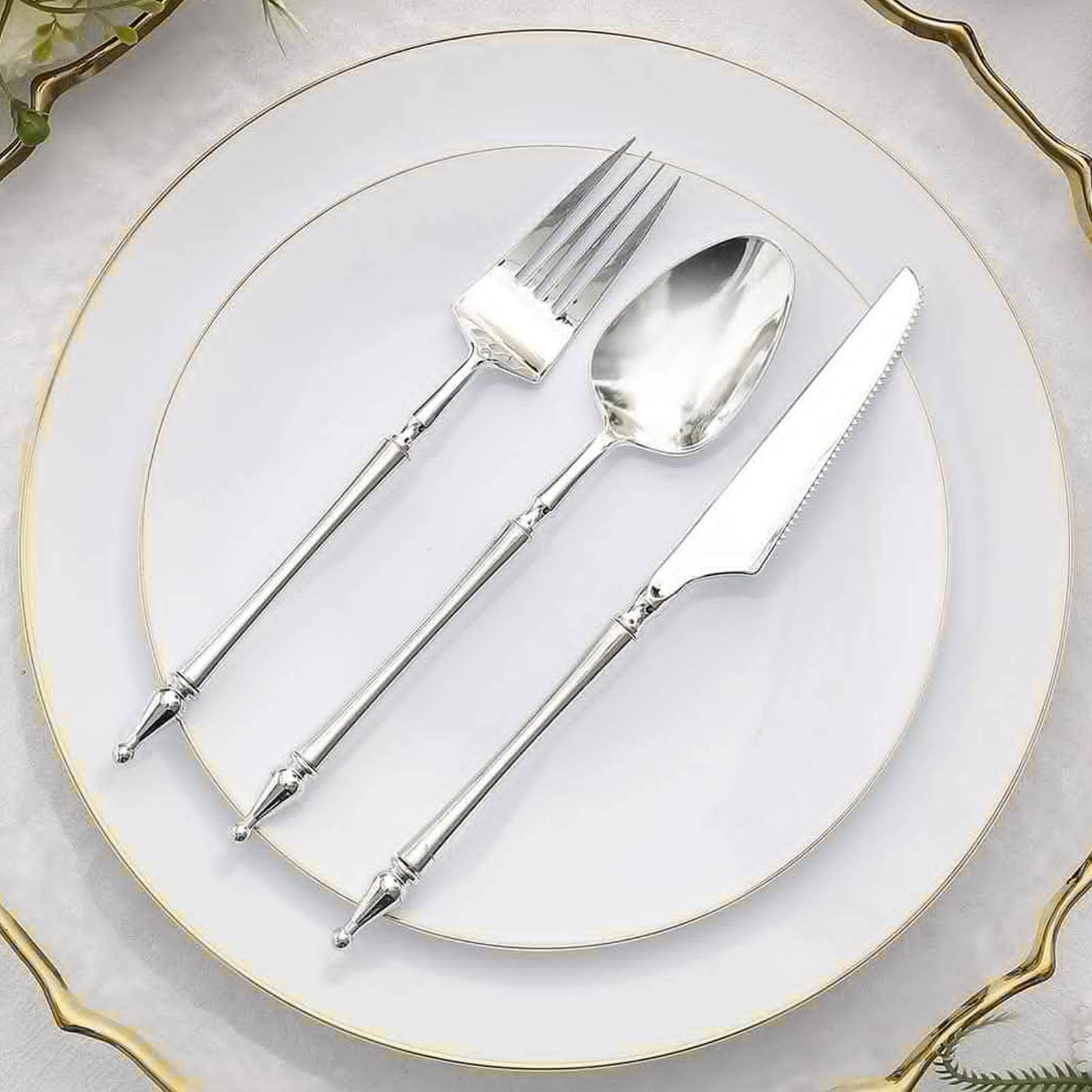 24-Pack Plastic Utensil Set Silver with Roman Column Handle - Glittered Disposable Forks, Spoons, and Knives