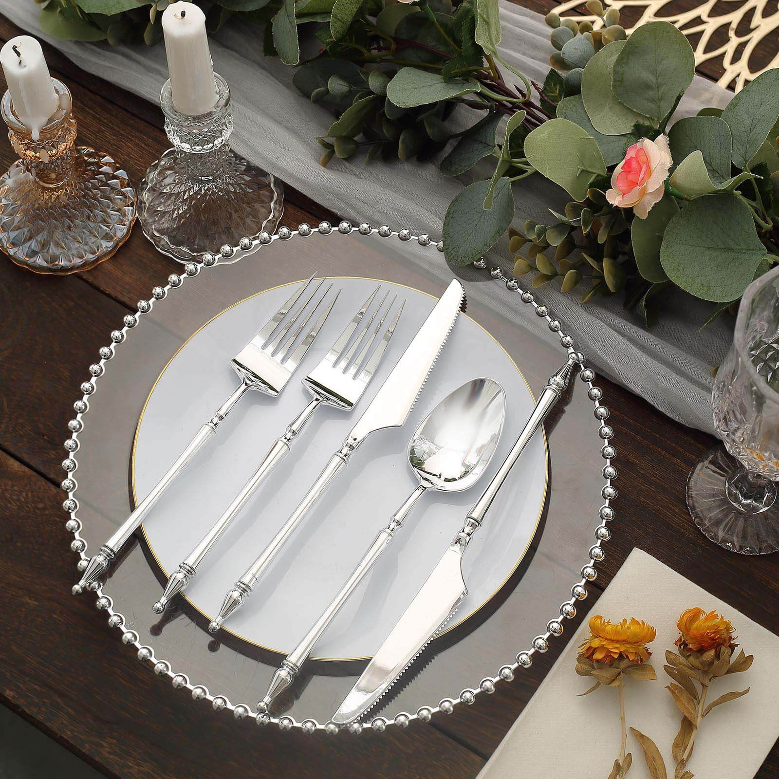 24-Pack Plastic Utensil Set Silver with Roman Column Handle - Glittered Disposable Forks, Spoons, and Knives - Image 6