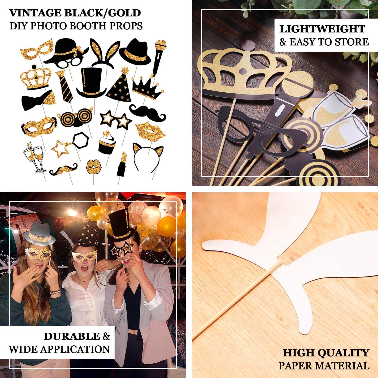 24 Pack Vintage Black / Gold Glitter Fun Party Photo Booth Props, DIY Party Theme Supplies - Image 4