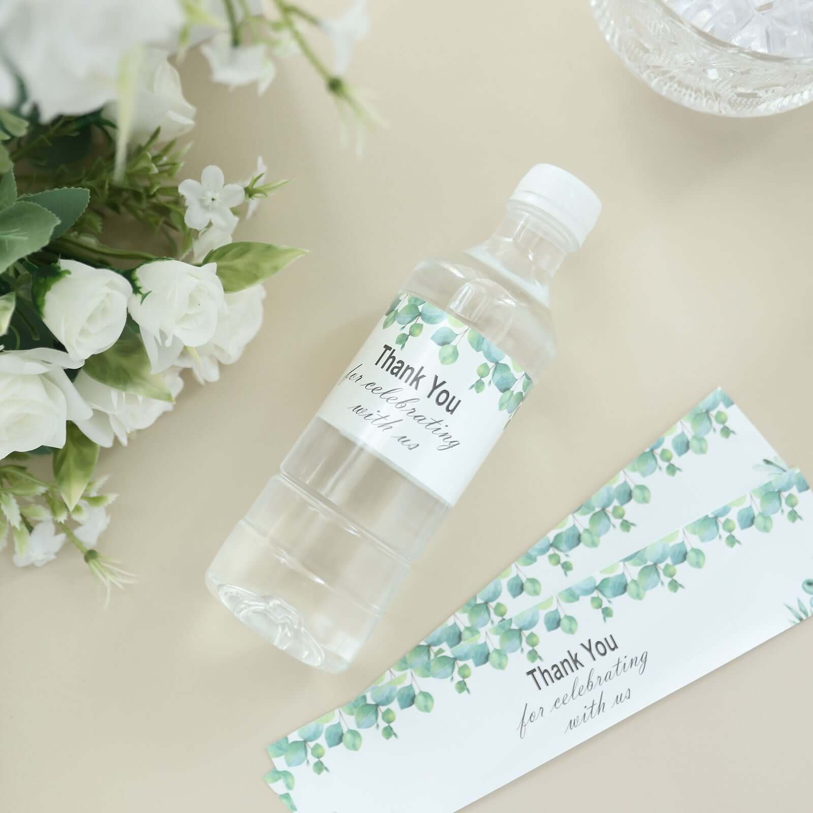 24 Pack White/Green Water Bottle Labels with Leaves Design "Thank You" Party Waterproof Bottle Stickers - Image 2