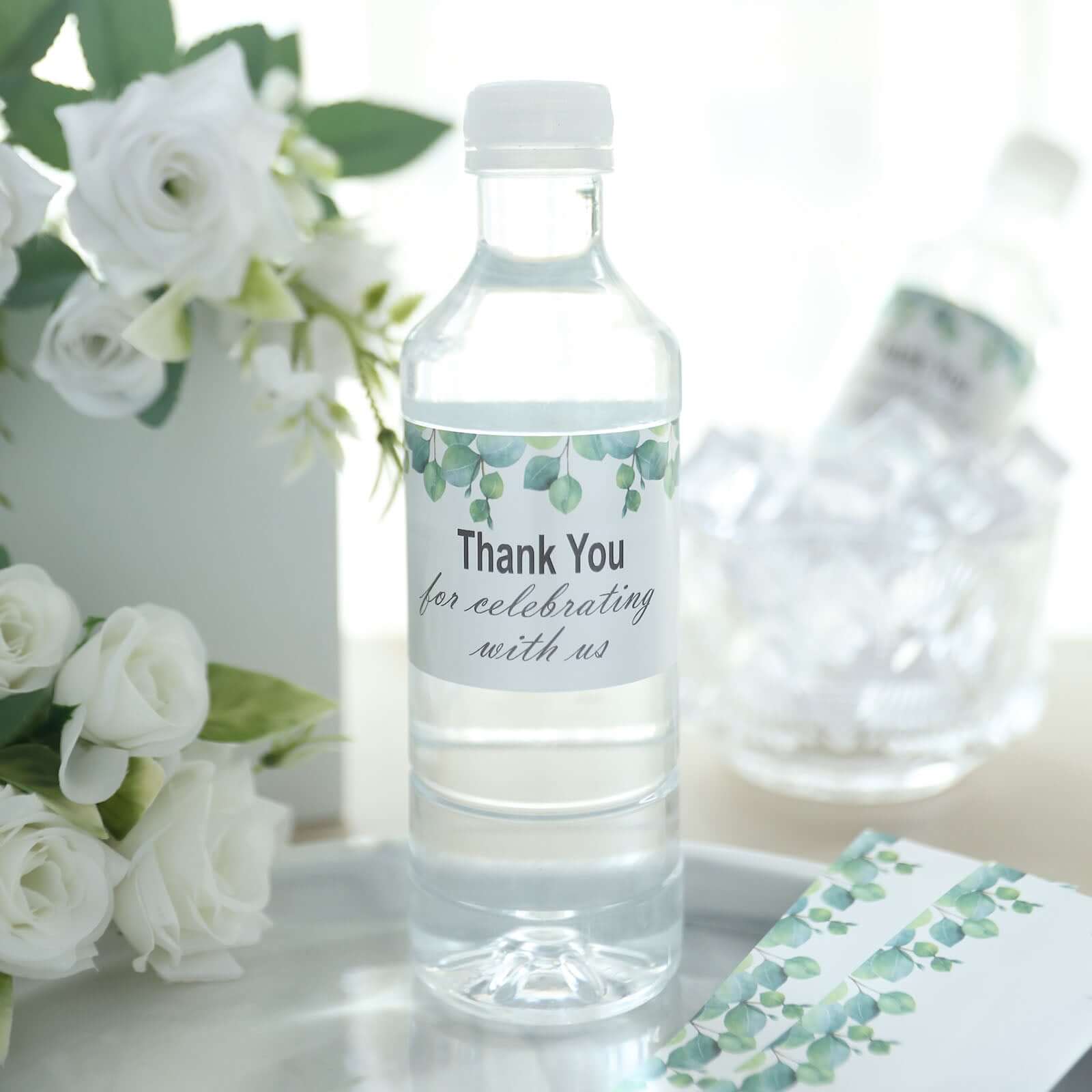 24 Pack White/Green Water Bottle Labels with Leaves Design "Thank You" Party Waterproof Bottle Stickers - Image 6