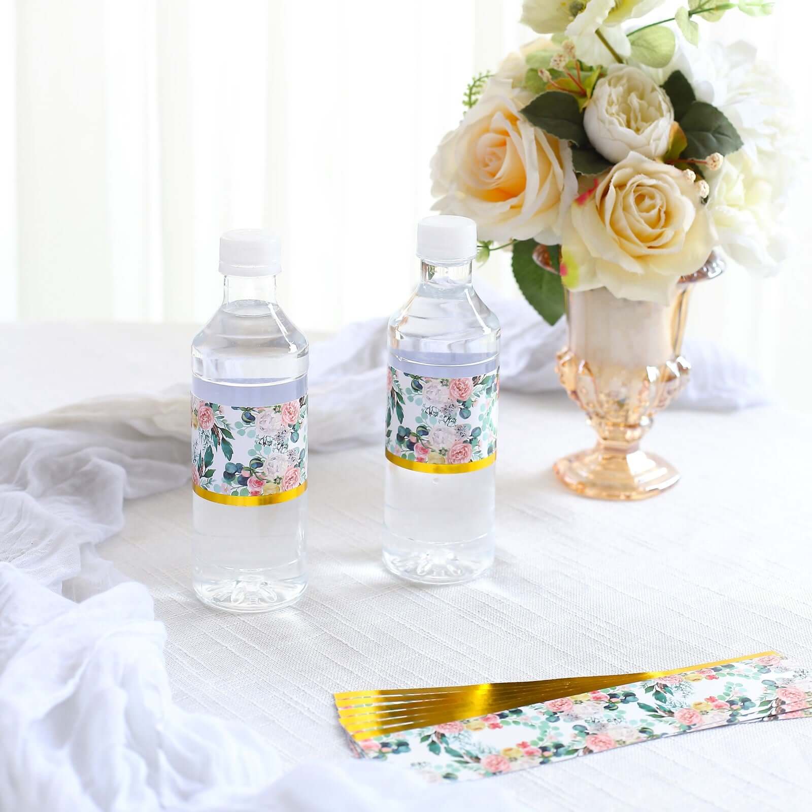 24 Pack White/Pink Water Bottle Labels with Peony Floral Design & Gold Trim, Waterproof Bottle Stickers - Image 4