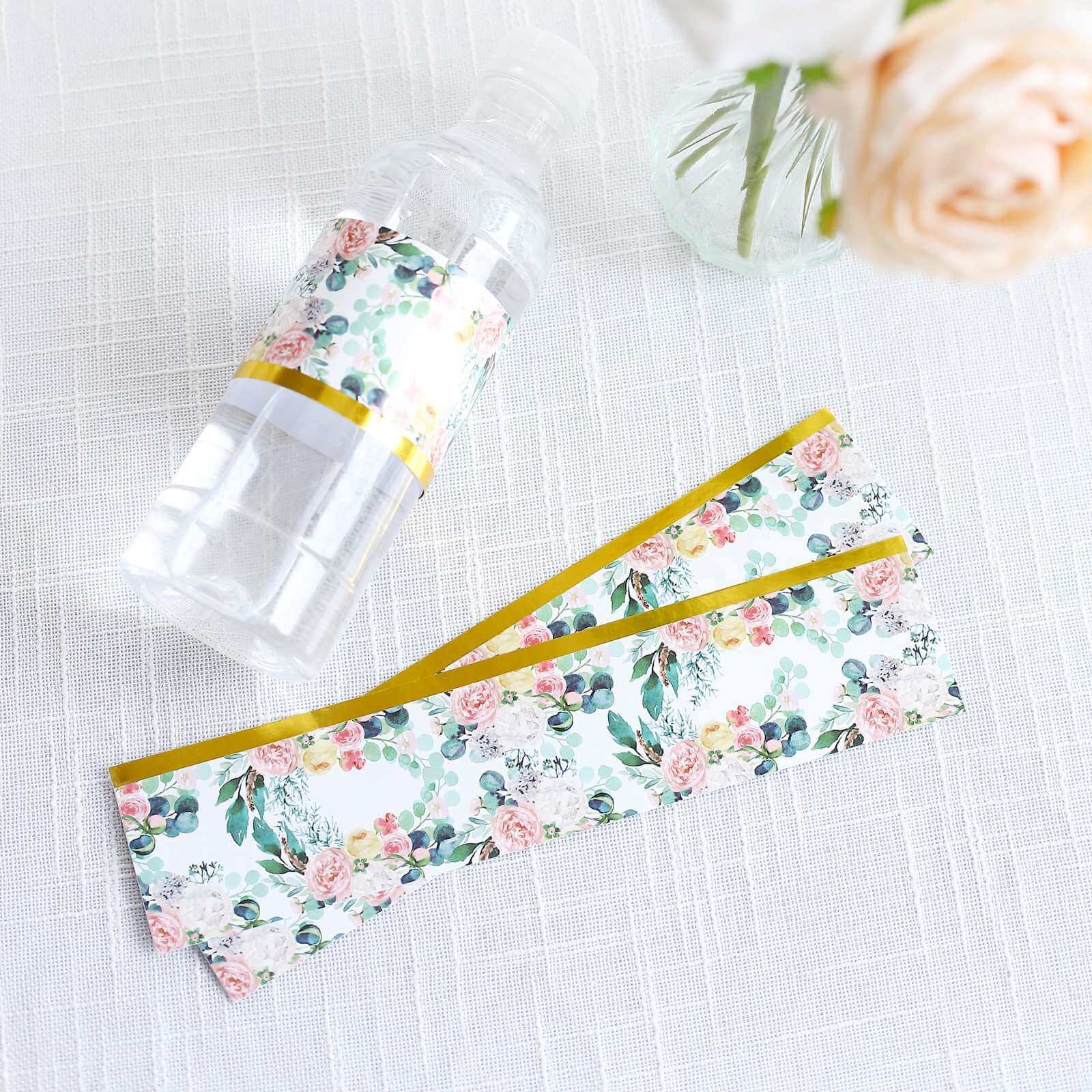 24 Pack White/Pink Water Bottle Labels with Peony Floral Design & Gold Trim, Waterproof Bottle Stickers - Image 5