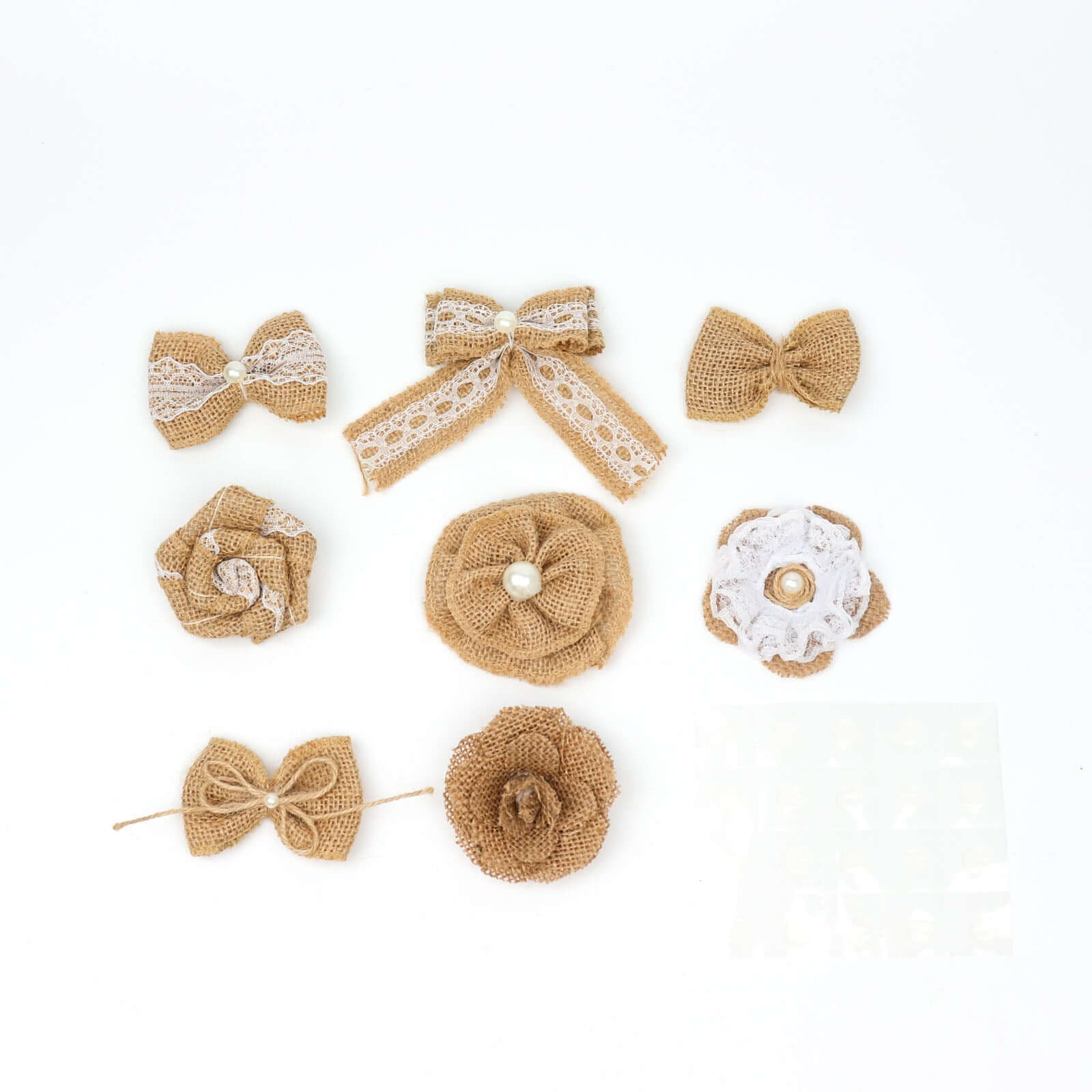 24 Pcs Natural Burlap Flower and Bows Set w/Lace Ribbon Craft Supplies, DIY Jute Stick On Ribbon and Bows, 30 Sticker Dots Included, 8 Assorted Styles - Image 17