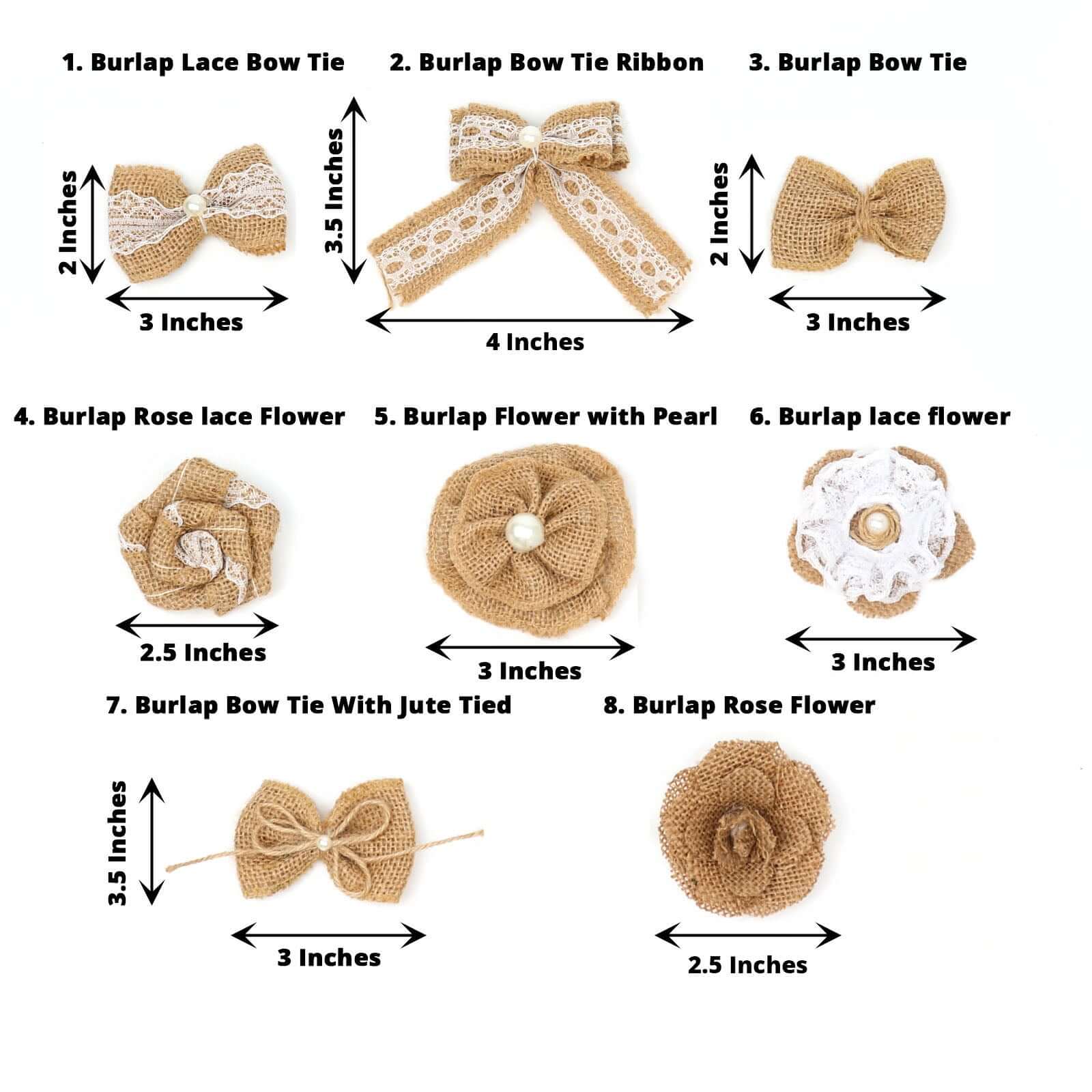 24 Pcs Natural Burlap Flower and Bows Set w/Lace Ribbon Craft Supplies, DIY Jute Stick On Ribbon and Bows, 30 Sticker Dots Included, 8 Assorted Styles - Image 3