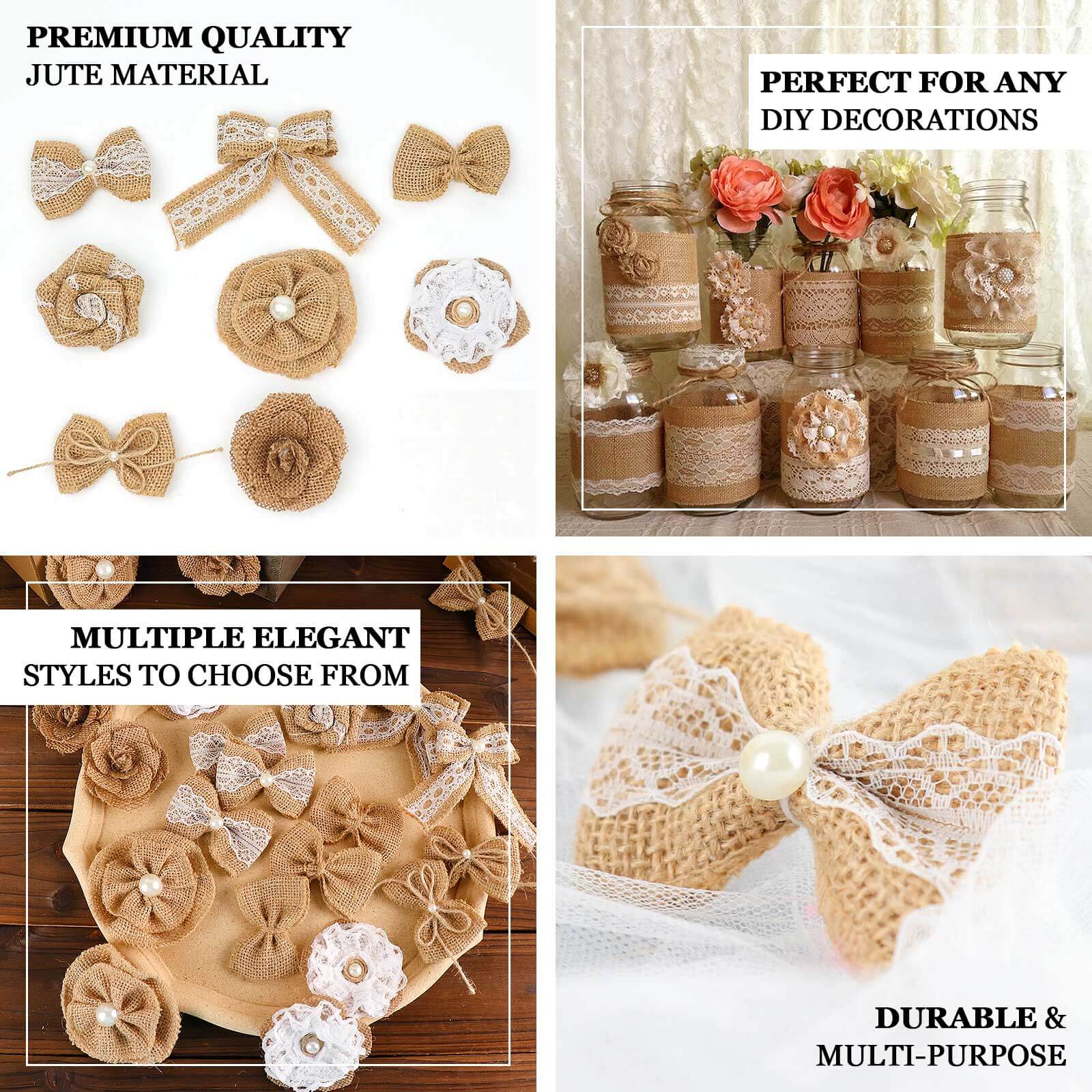 24 Pcs Natural Burlap Flower and Bows Set w/Lace Ribbon Craft Supplies, DIY Jute Stick On Ribbon and Bows, 30 Sticker Dots Included, 8 Assorted Styles - Image 4