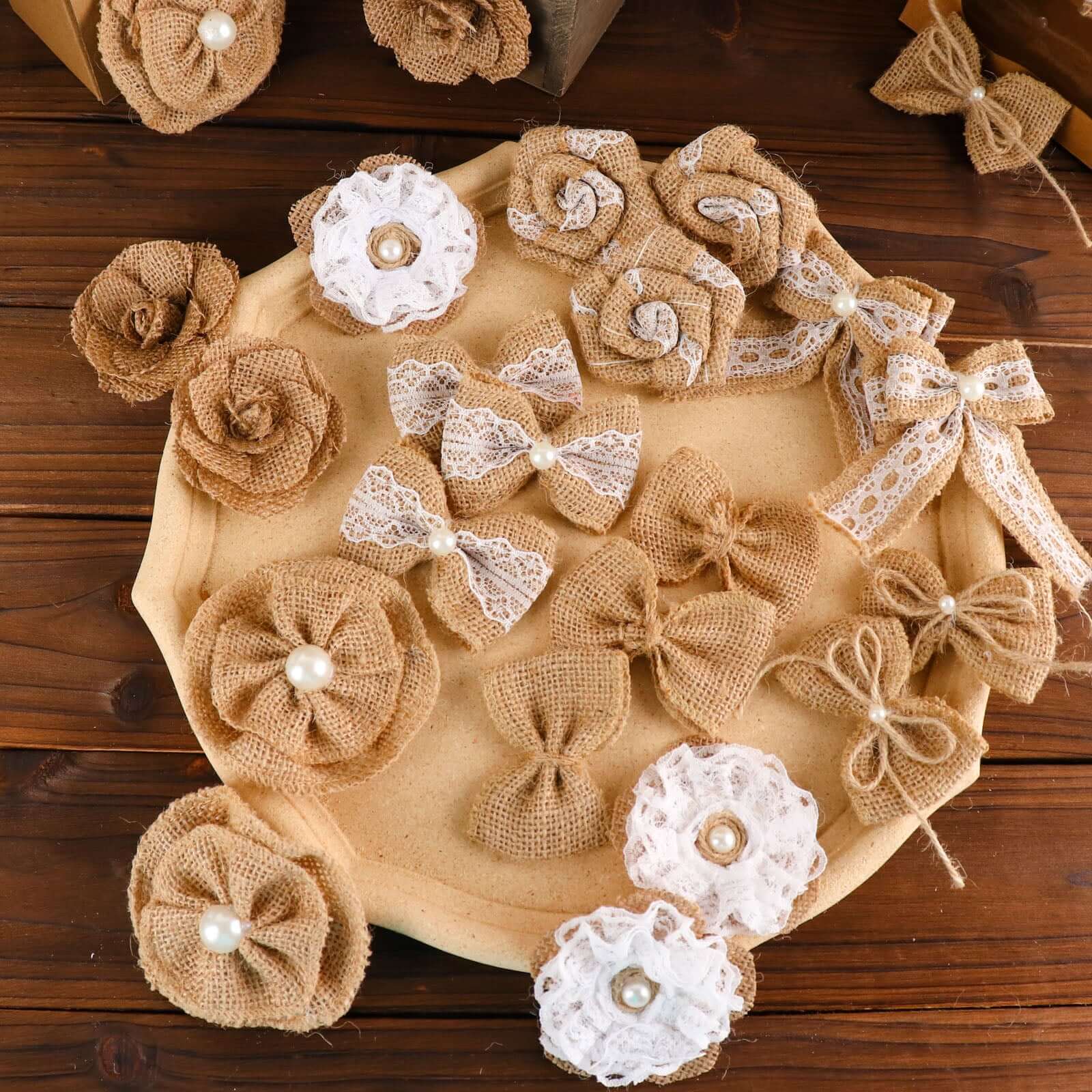 24 Pcs Natural Burlap Flower and Bows Set w/Lace Ribbon Craft Supplies, DIY Jute Stick On Ribbon and Bows, 30 Sticker Dots Included, 8 Assorted Styles - Image 6