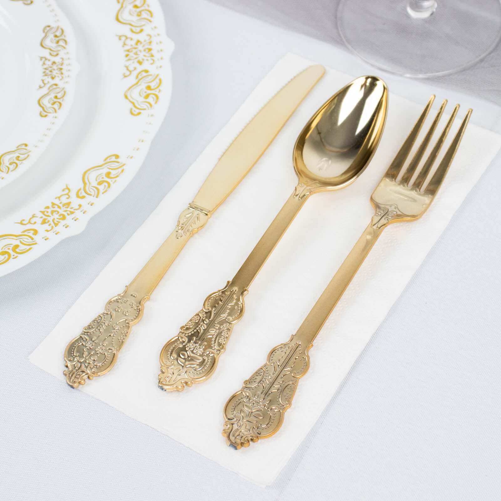 24 Pcs Plastic Silverware Set Metallic Gold in Baroque Style - Heavy Duty Disposable Knife, Fork, and Spoon Set - Image 2