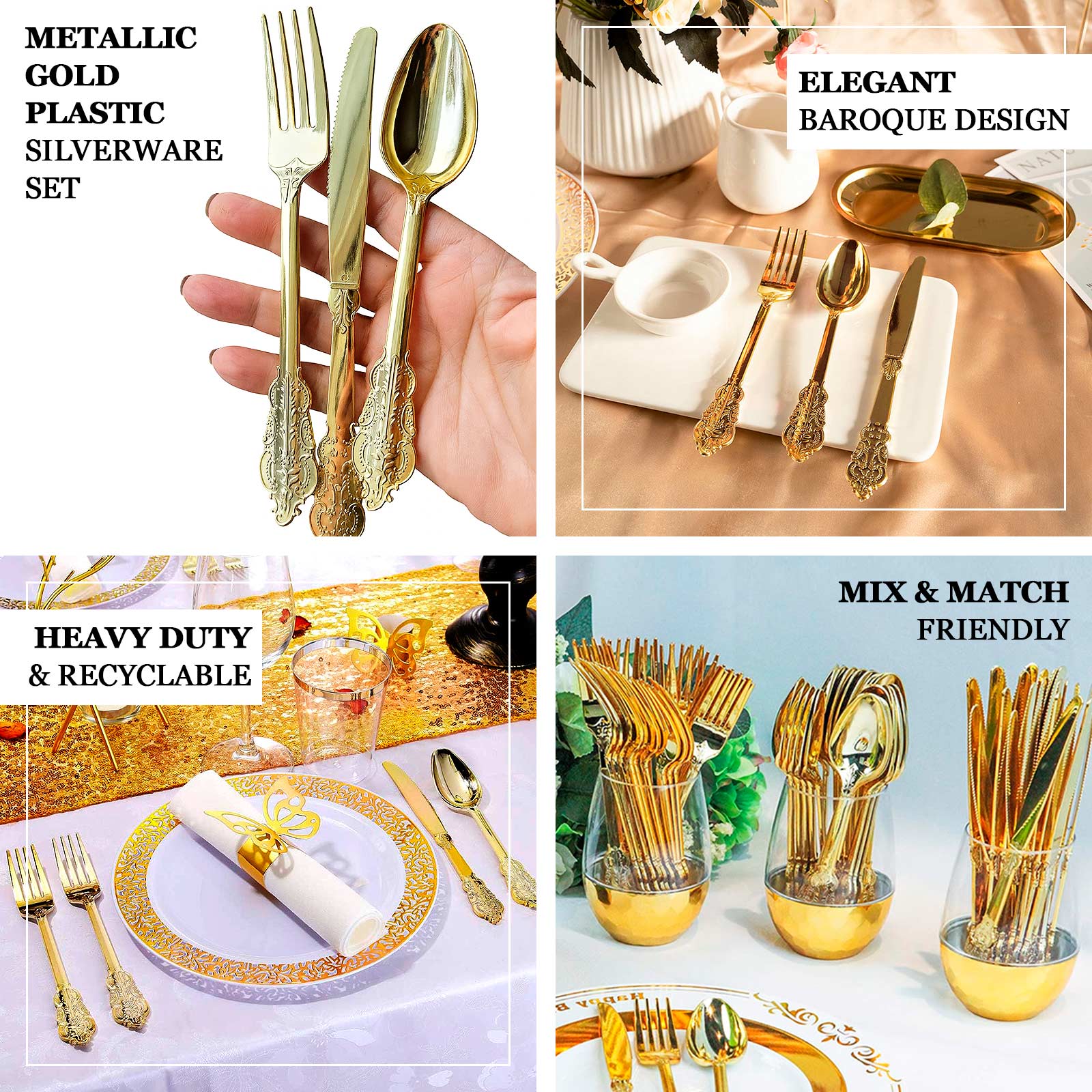 24 Pcs Plastic Silverware Set Metallic Gold in Baroque Style - Heavy Duty Disposable Knife, Fork, and Spoon Set - Image 4