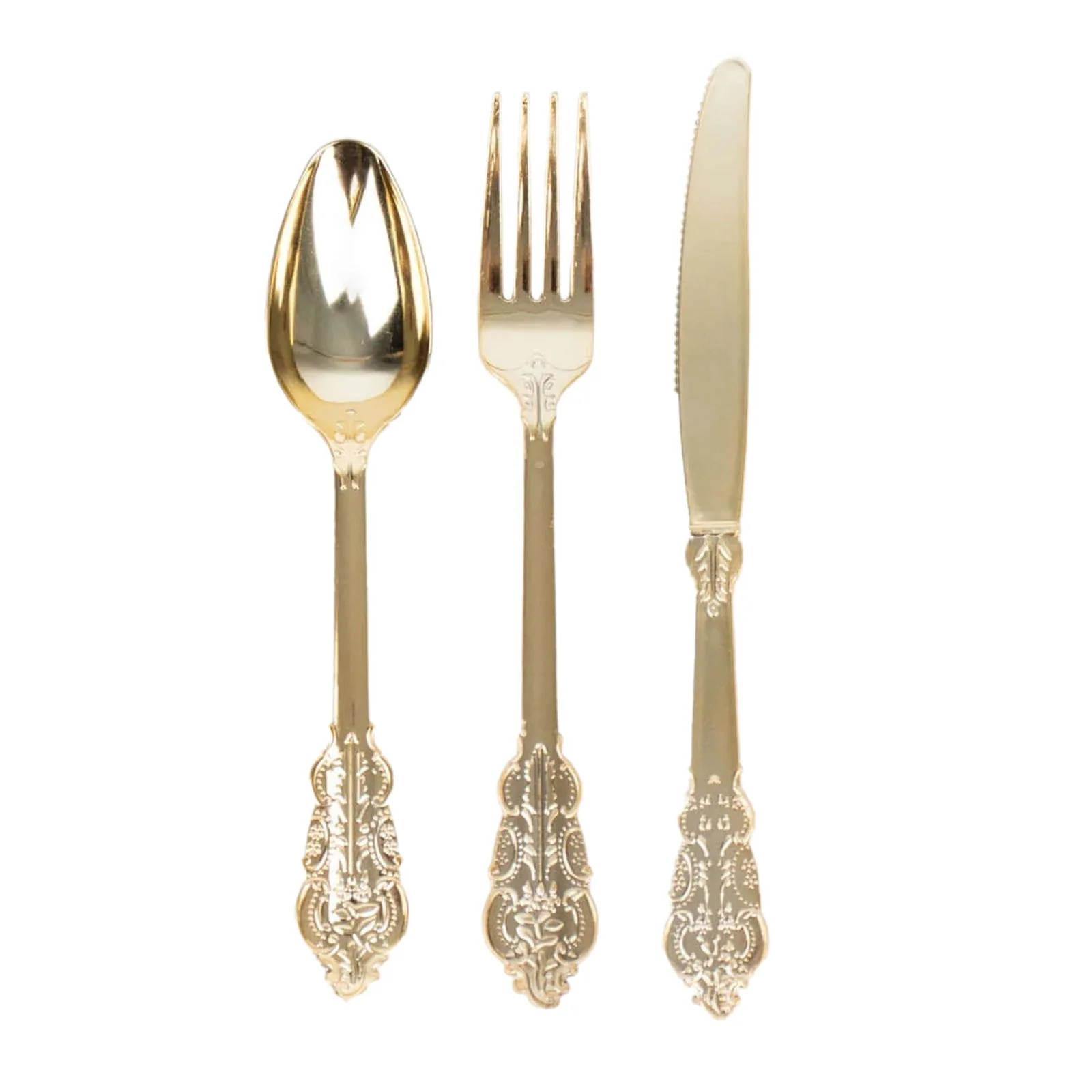 24 Pcs Plastic Silverware Set Metallic Gold in Baroque Style - Heavy Duty Disposable Knife, Fork, and Spoon Set - Image 6