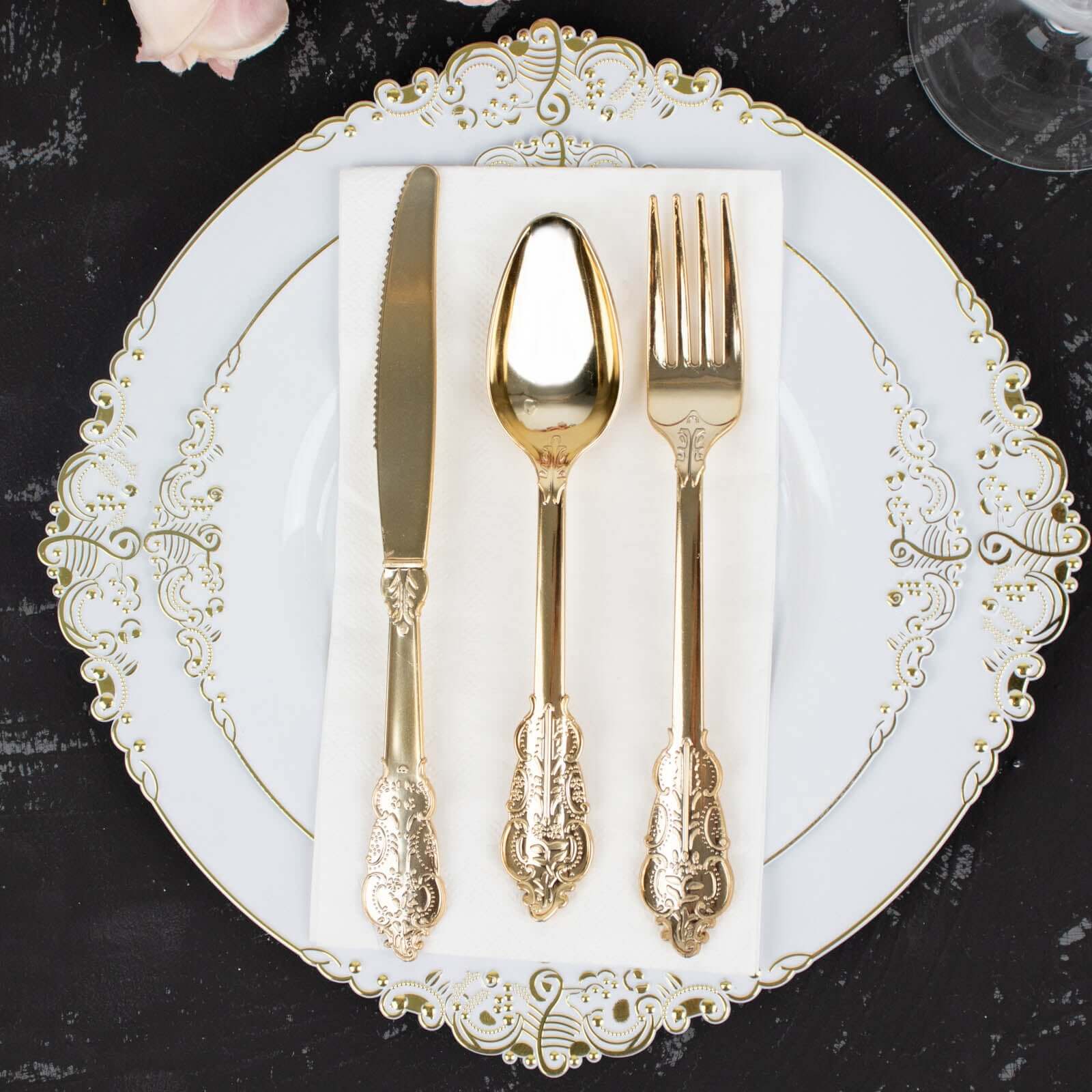 24 Pcs Plastic Silverware Set Metallic Gold in Baroque Style - Heavy Duty Disposable Knife, Fork, and Spoon Set - Image 7