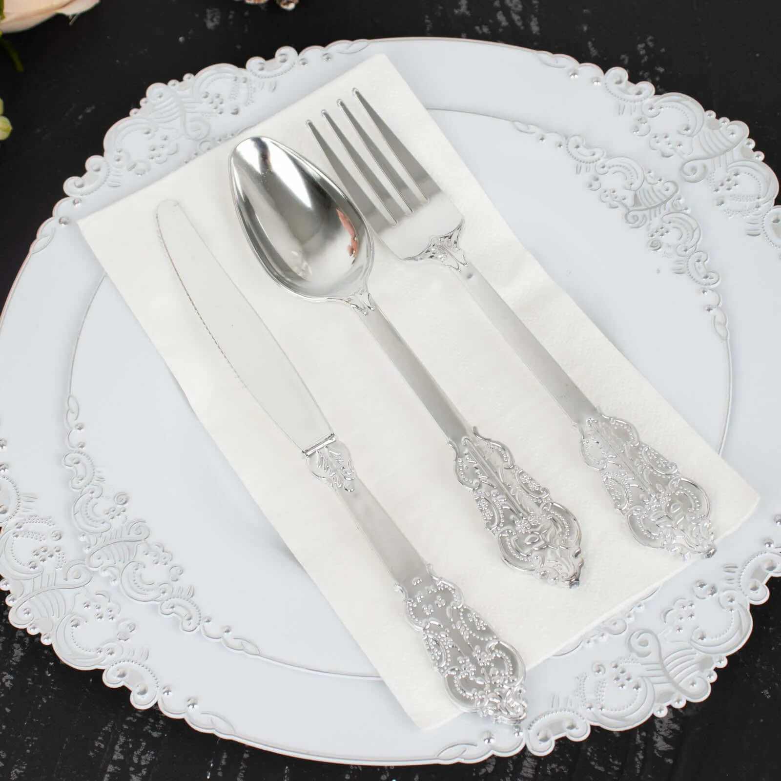 24 Pcs Plastic Silverware Set Metallic Silver in Baroque Style - Heavy Duty Disposable Knife, Fork, and Spoon Set - Image 2