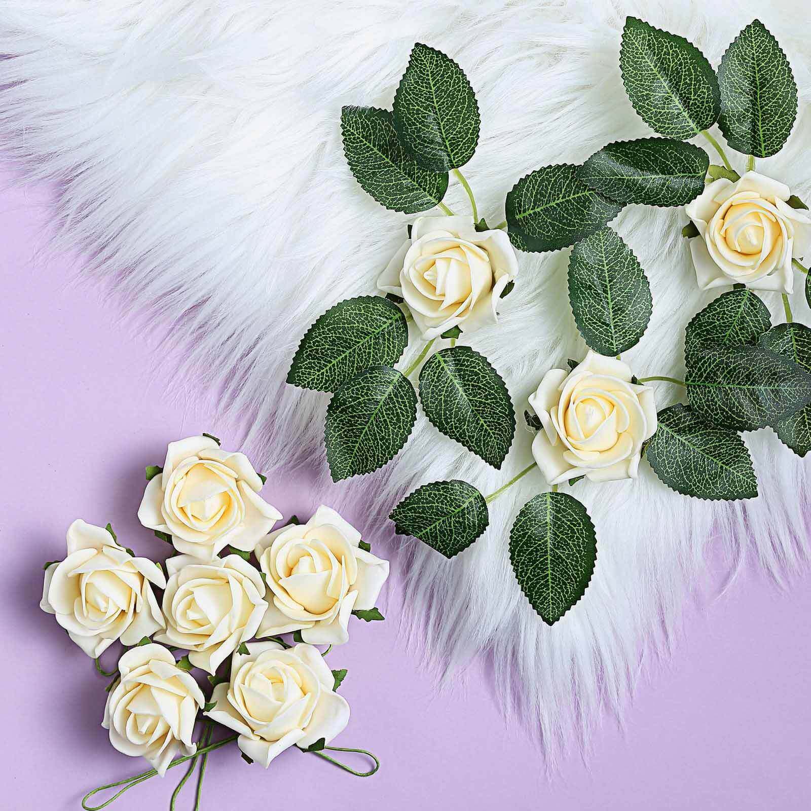 24 Roses Cream Artificial Foam Flowers With Stem Wire and Leaves 2" - Image 2