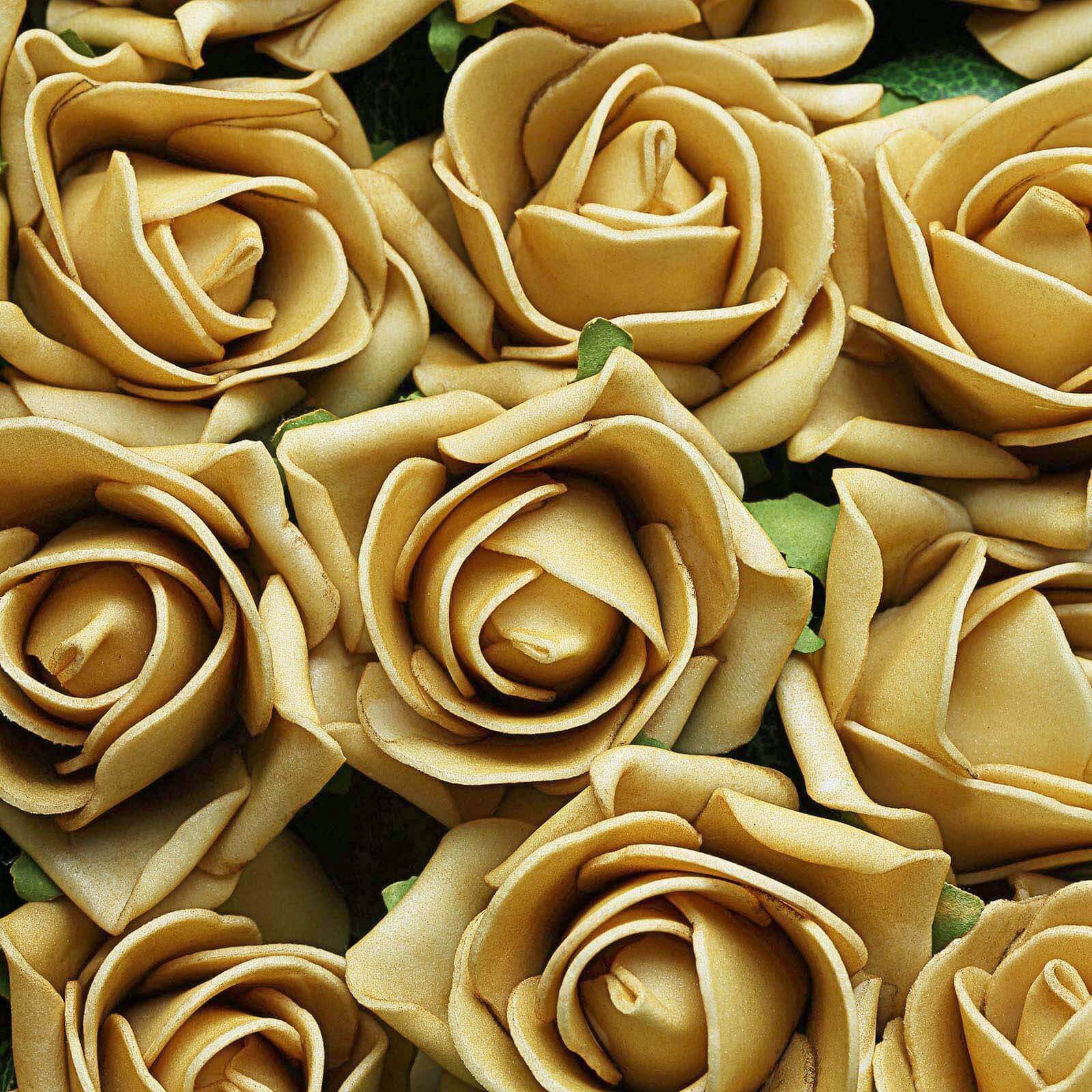 24 Roses Gold Artificial Foam Flowers With Stem Wire and Leaves 2" - Image 8