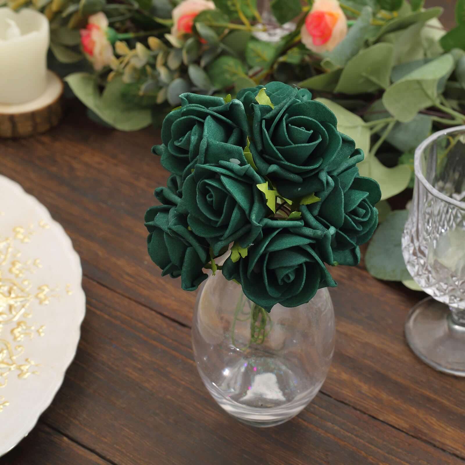 24 Roses Hunter Emerald Green Artificial Foam Flowers With Stem Wire and Leaves 2" - Image 2