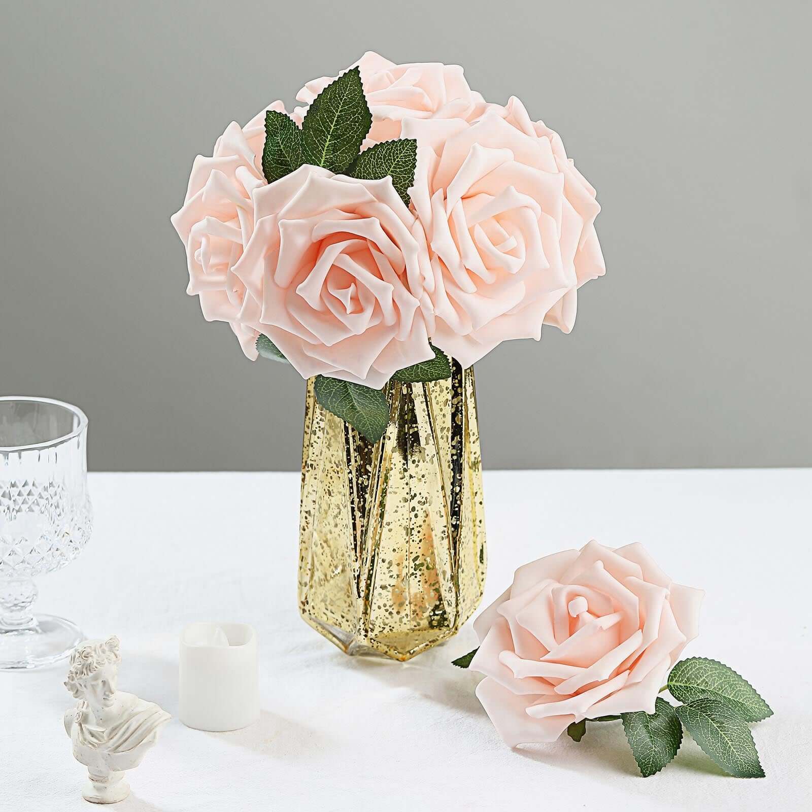 24 Roses Blush Artificial Foam Flowers With Stem Wire and Leaves 5"