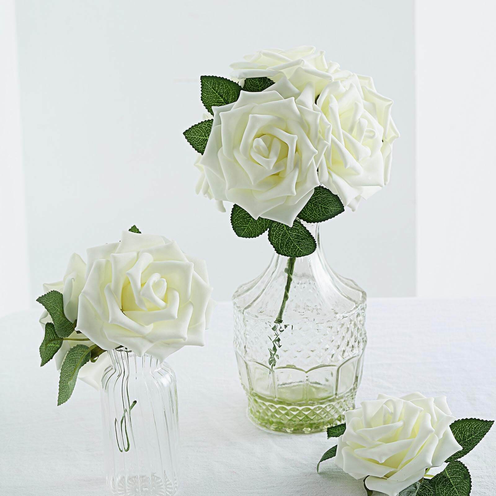 24 Roses Ivory Artificial Foam Flowers With Stem Wire and Leaves 5" - Image 7