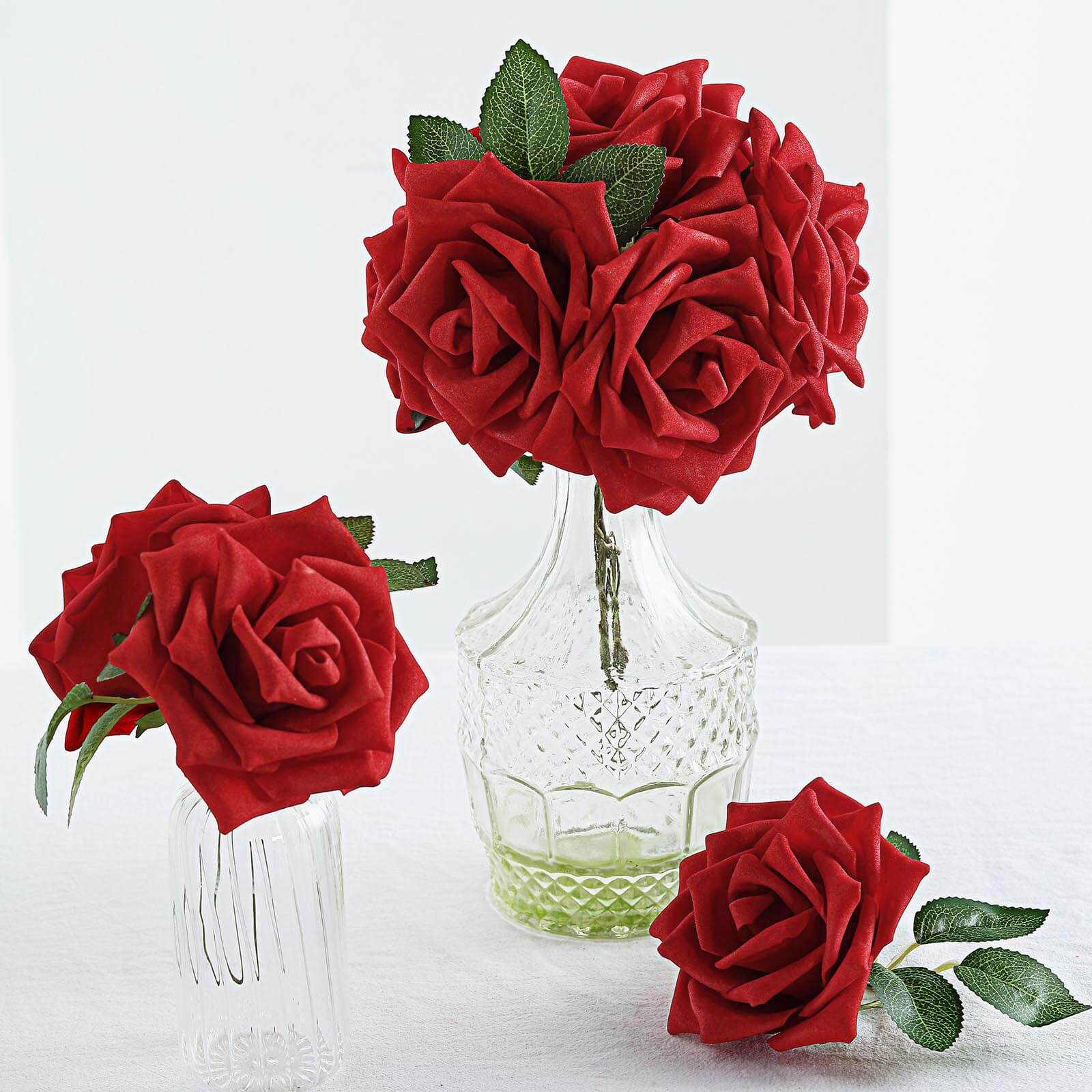 24 Roses Red Artificial Foam Flowers With Stem Wire and Leaves 5" - Image 7