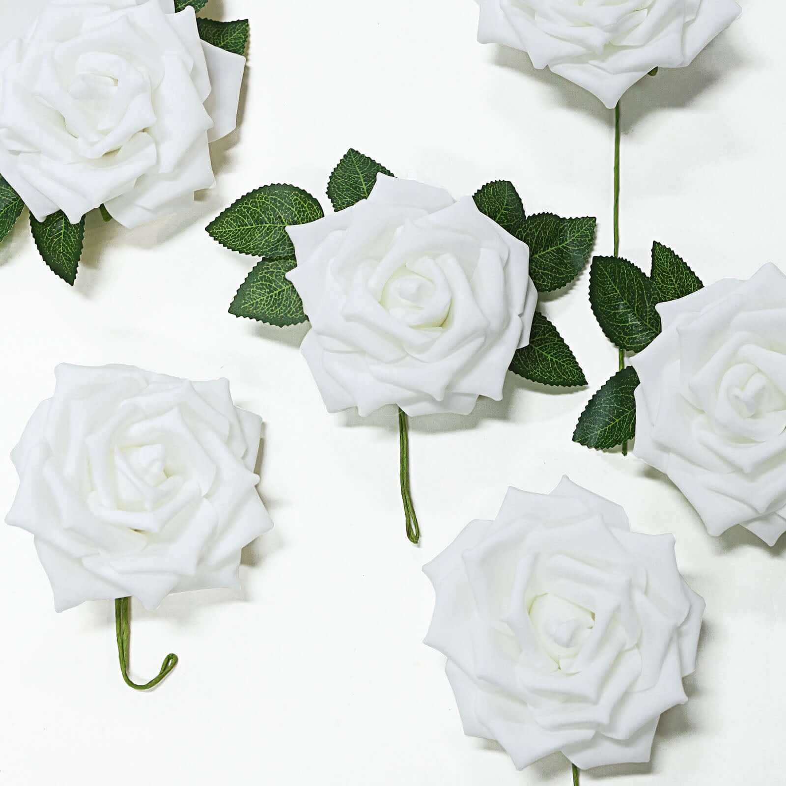 24 Roses White Artificial Foam Flowers With Stem Wire and Leaves 5" - Image 6