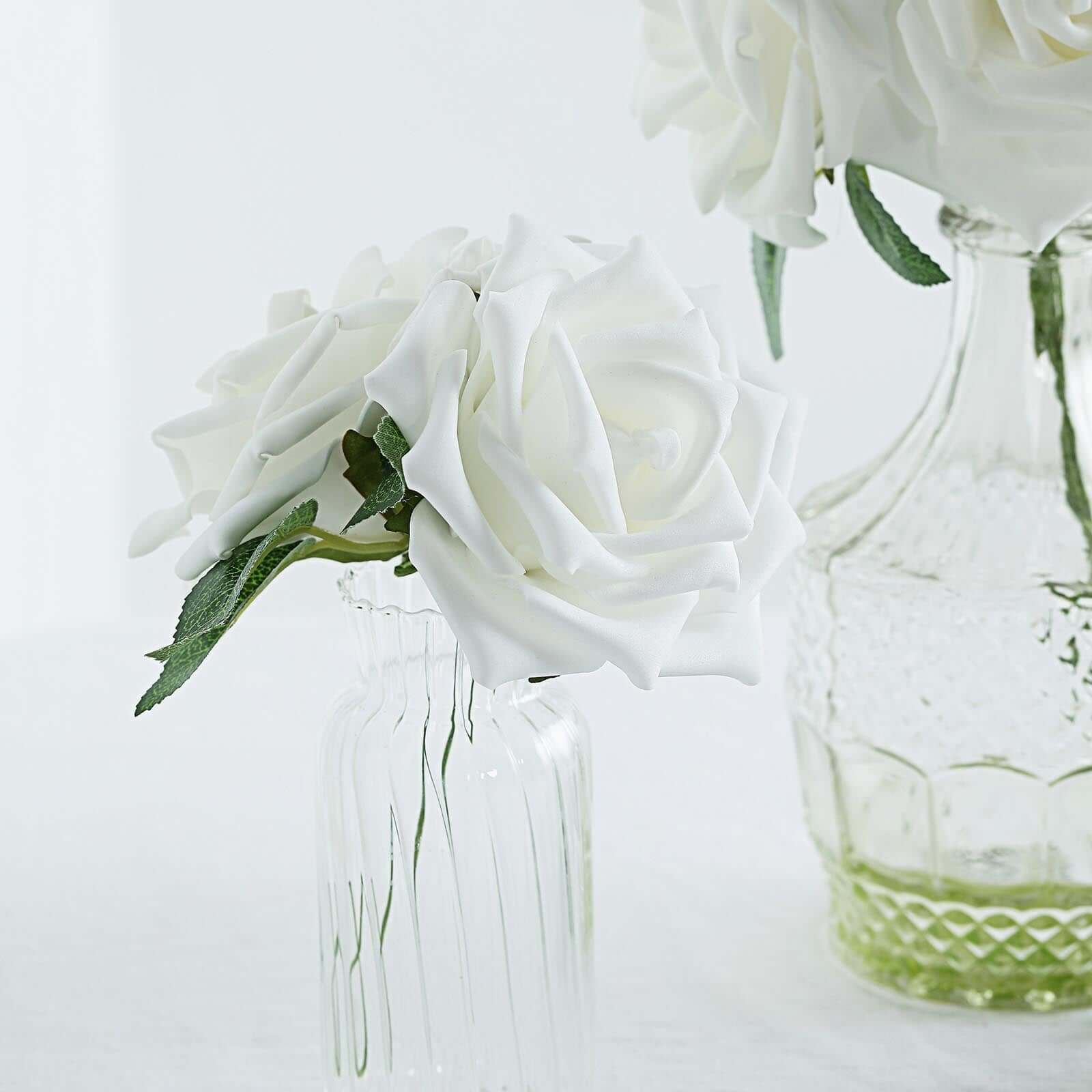 24 Roses White Artificial Foam Flowers With Stem Wire and Leaves 5" - Image 8