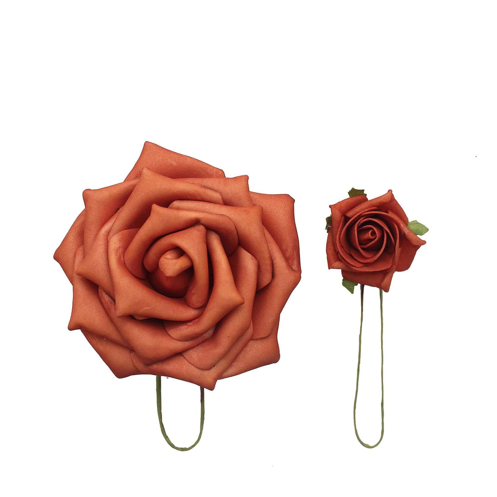 24 Roses Terracotta (Rust) Artificial Foam Flowers With Stem Wire and Leaves 2" - Image 6