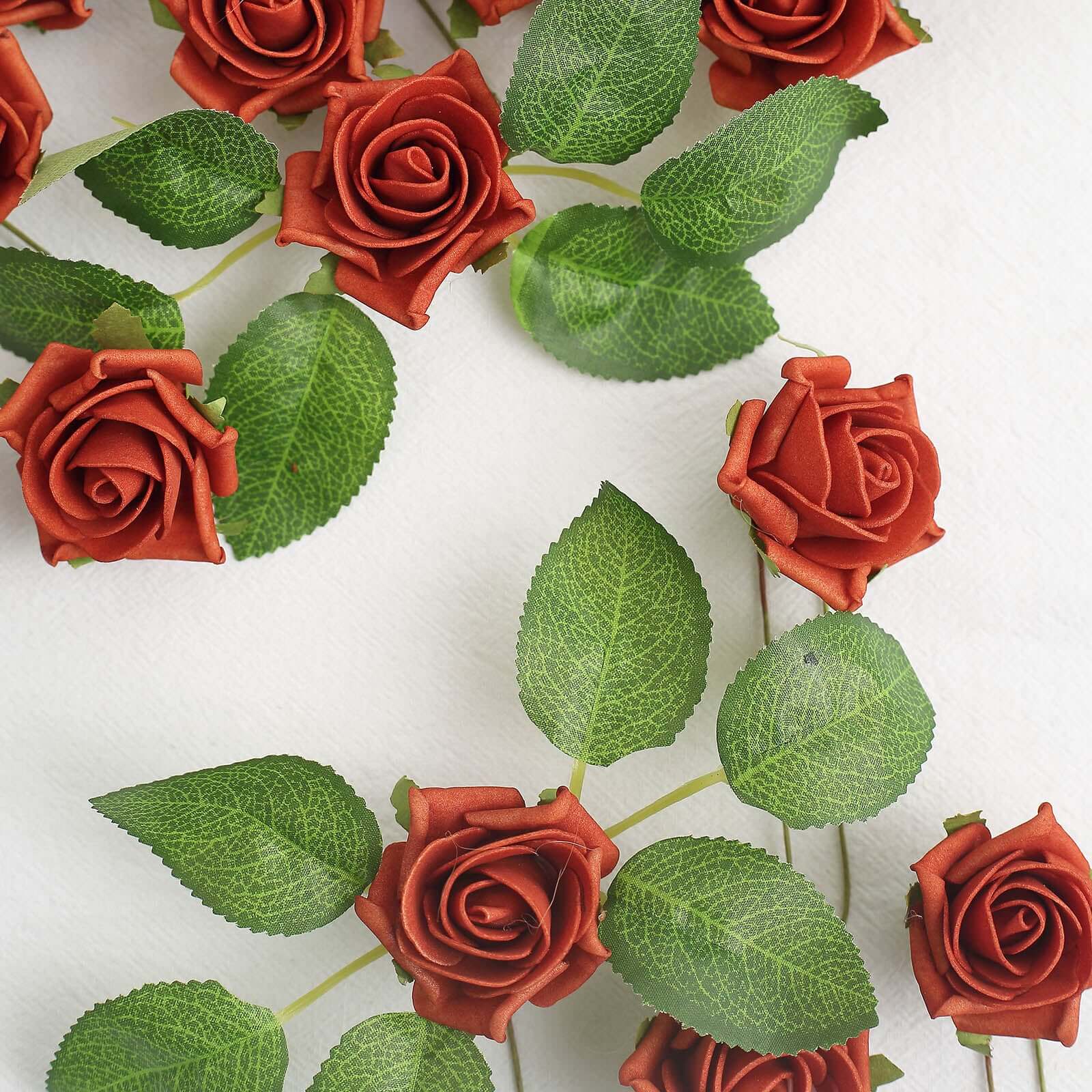 24 Roses Terracotta (Rust) Artificial Foam Flowers With Stem Wire and Leaves 2" - Image 7