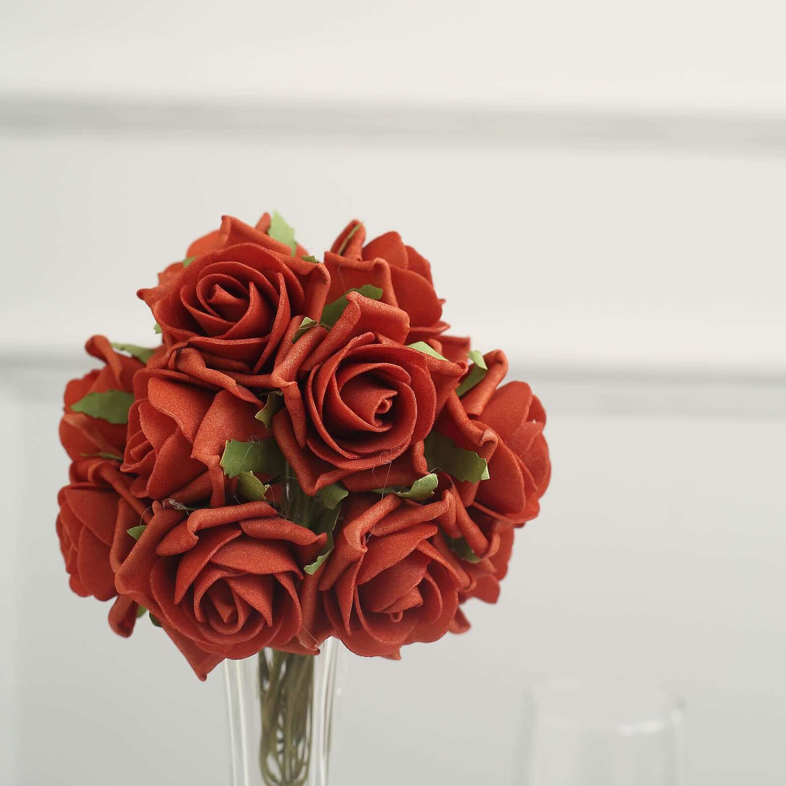 24 Roses Terracotta (Rust) Artificial Foam Flowers With Stem Wire and Leaves 2" - Image 8