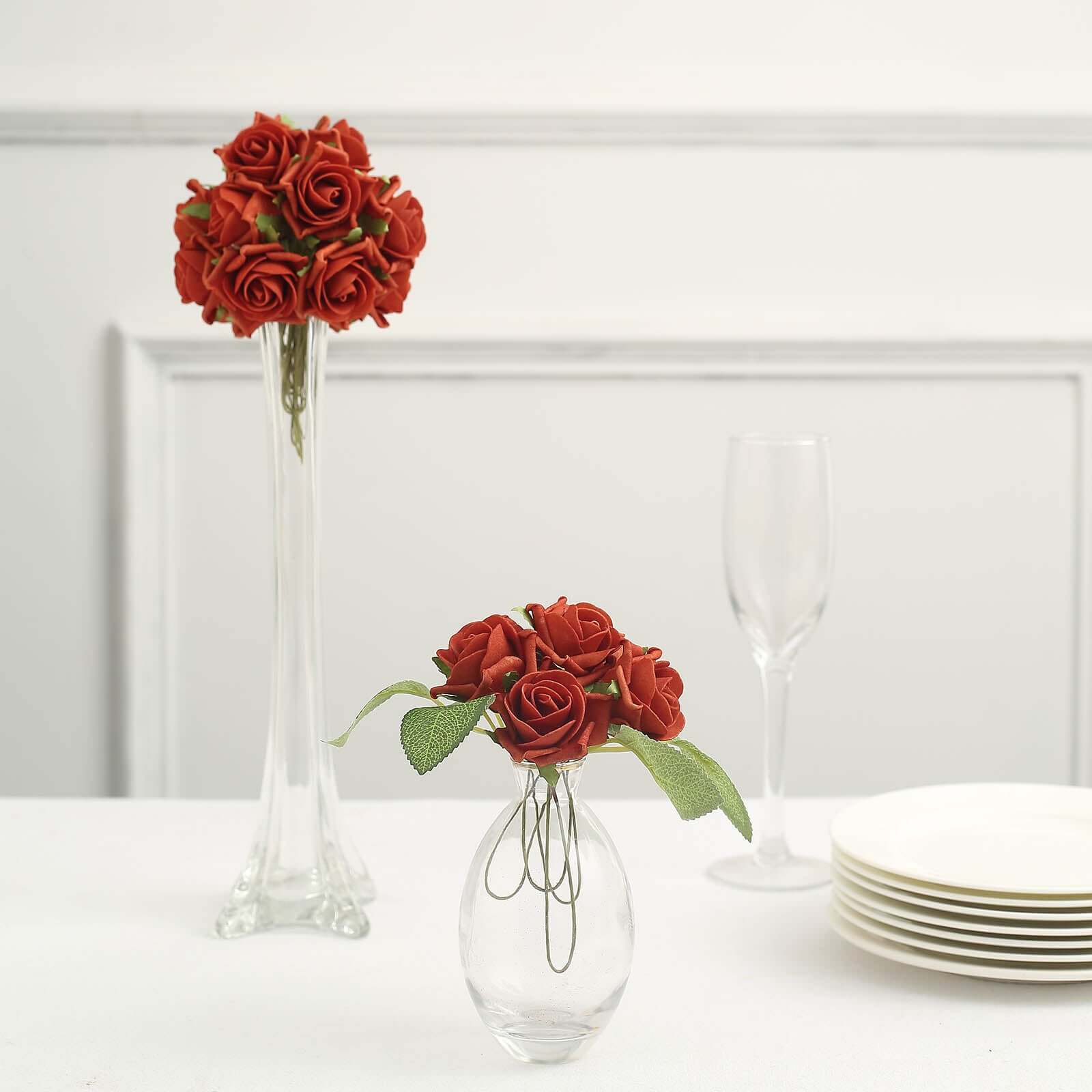 24 Roses Terracotta (Rust) Artificial Foam Flowers With Stem Wire and Leaves 2" - Image 9
