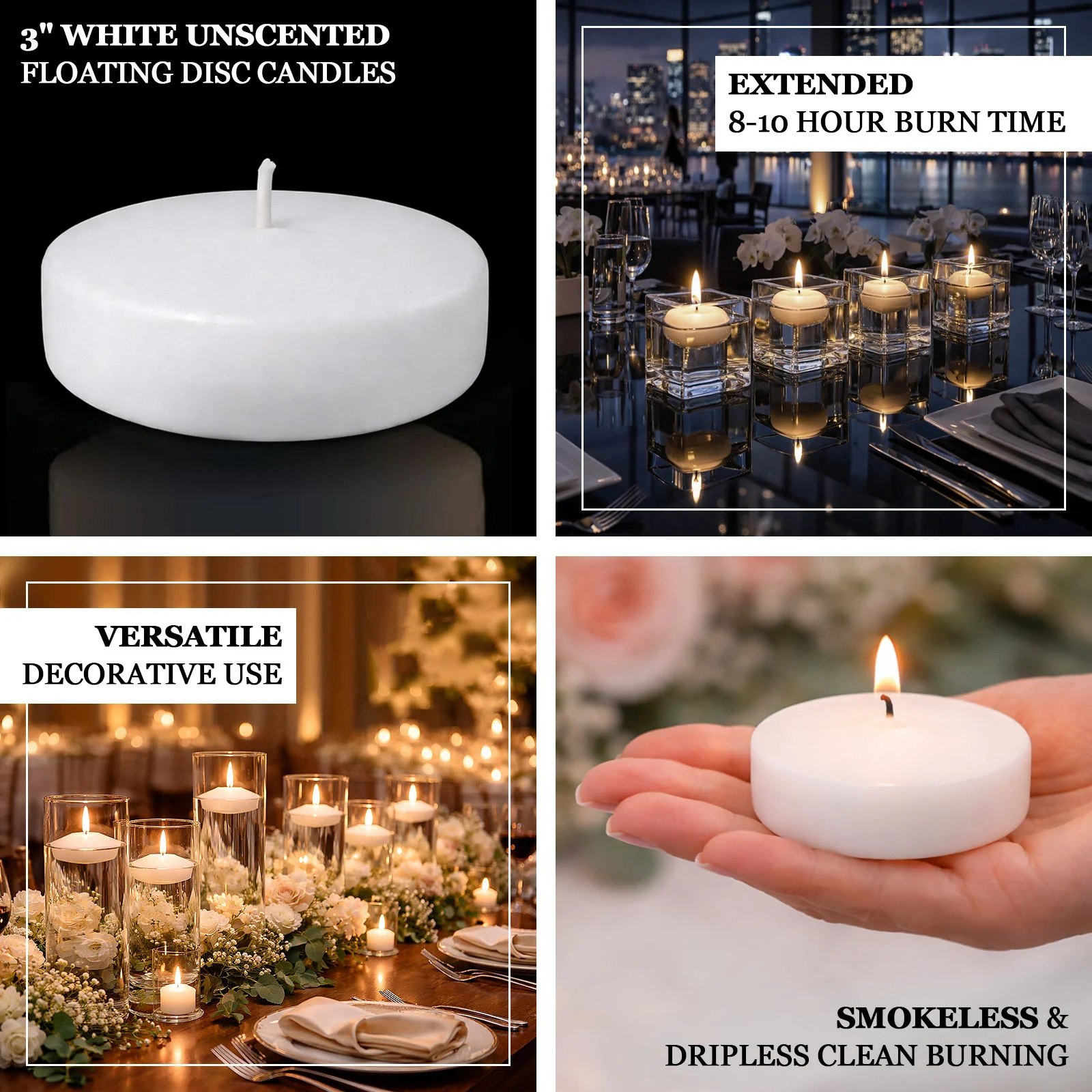 24 Pack 3" White Floating Candles – Unscented 8–10 Hour Burn, Dripless & Smokeless Disc Candles - Image 4
