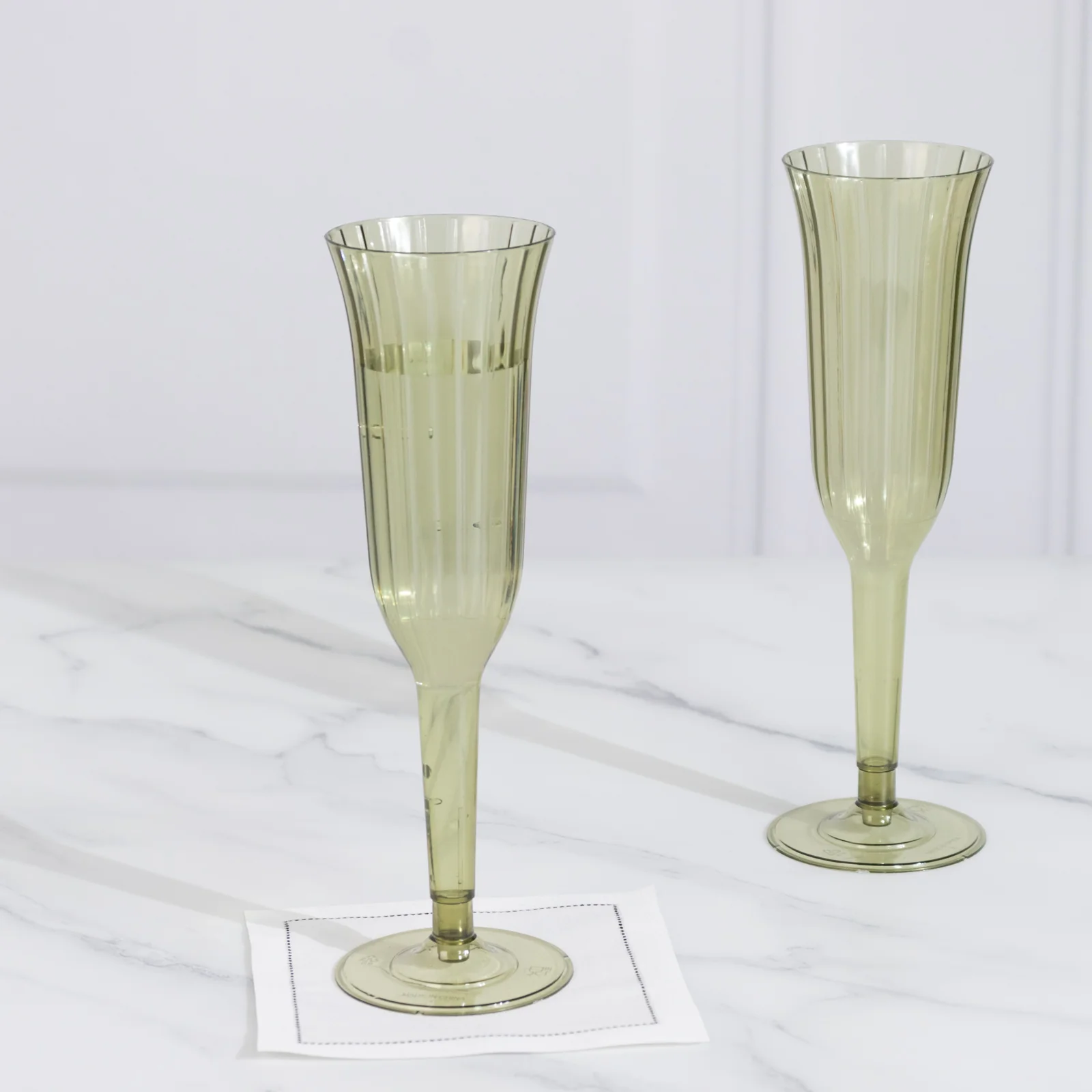 24-Pack Plastic Champagne Flutes 6oz Transparent Dusty Sage Green Flared Design - Disposable Glasses with Detachable Base