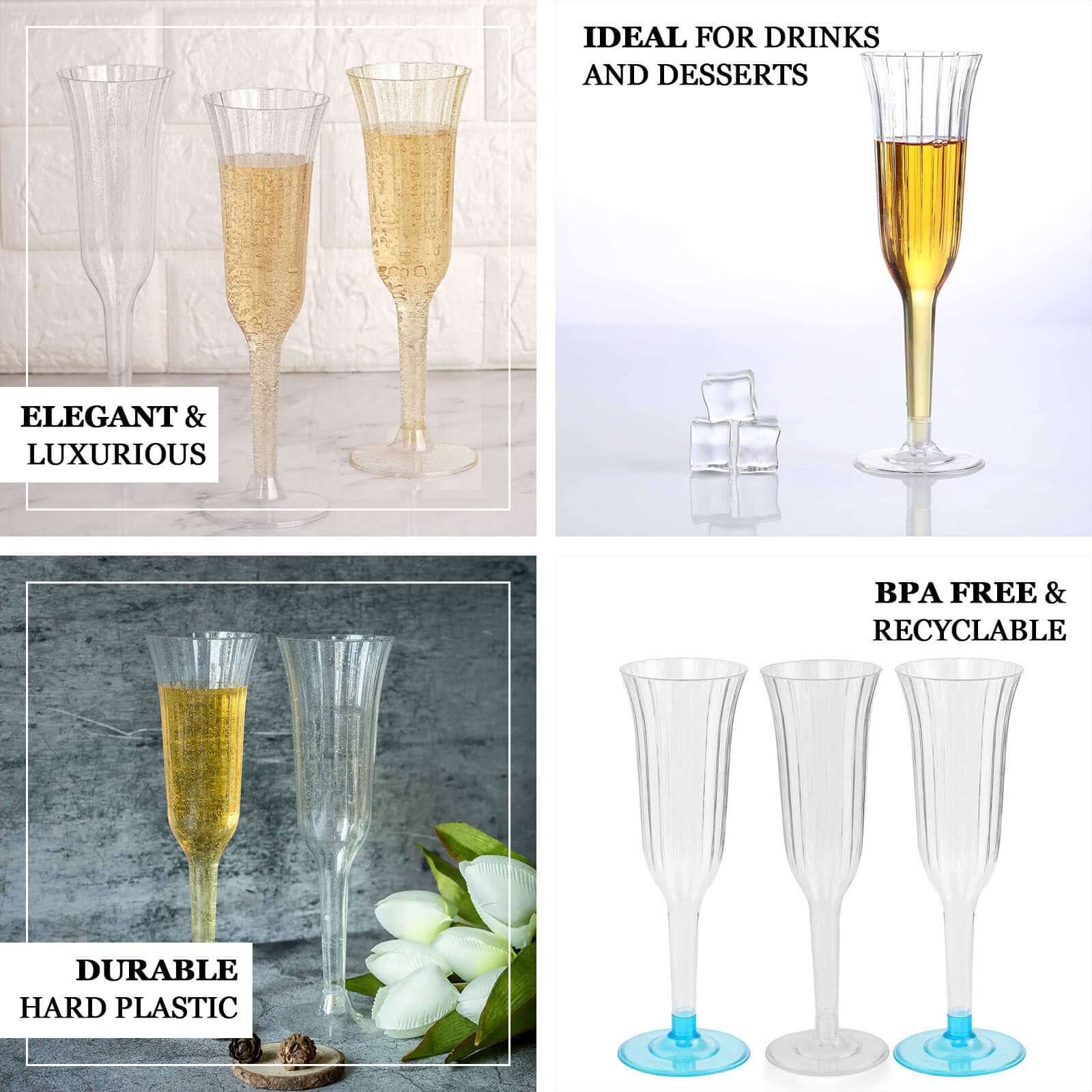 24-Pack Plastic Champagne Flutes 6oz Transparent Dusty Sage Green Flared Design - Disposable Glasses with Detachable Base - Image 4