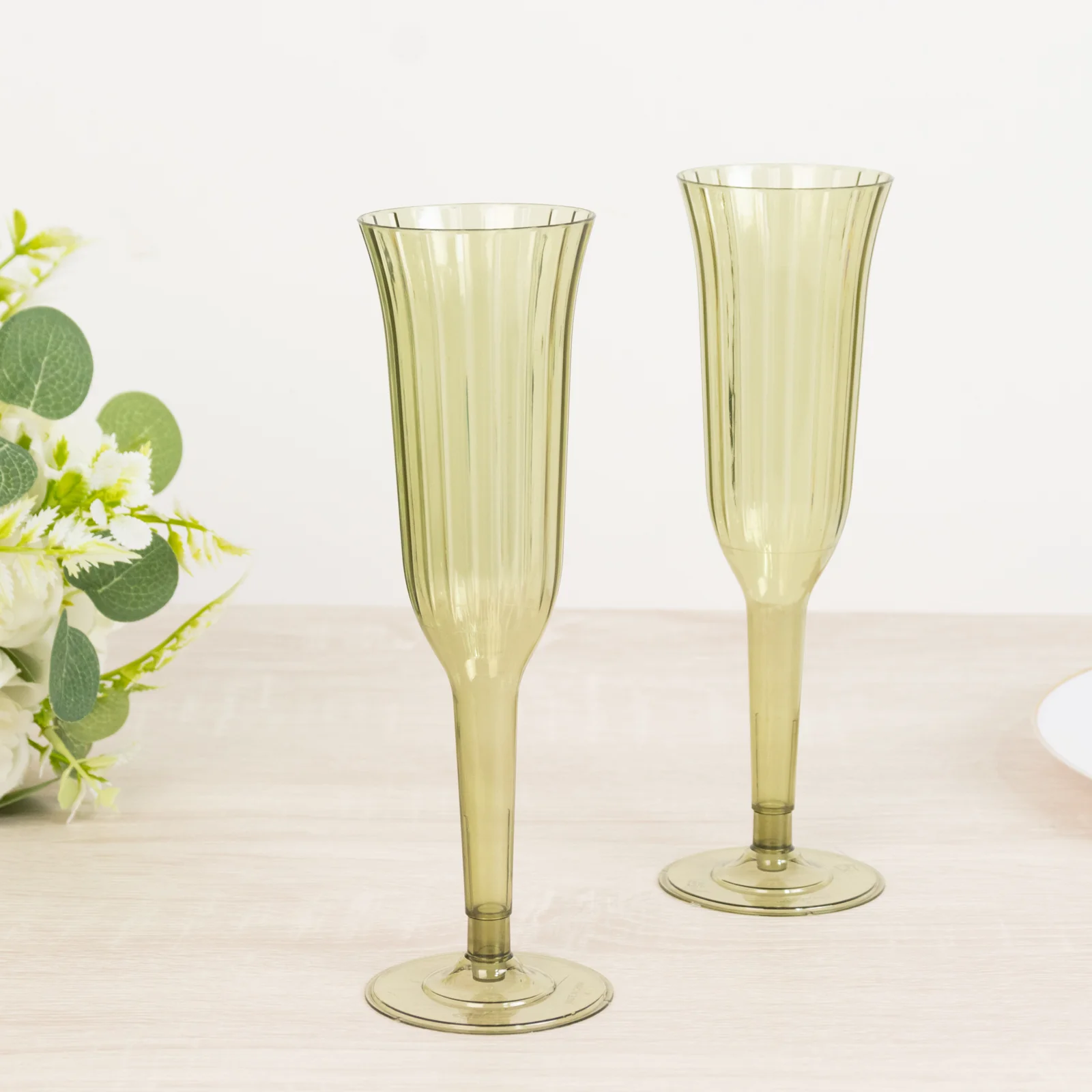 24-Pack Plastic Champagne Flutes 6oz Transparent Dusty Sage Green Flared Design - Disposable Glasses with Detachable Base - Image 9