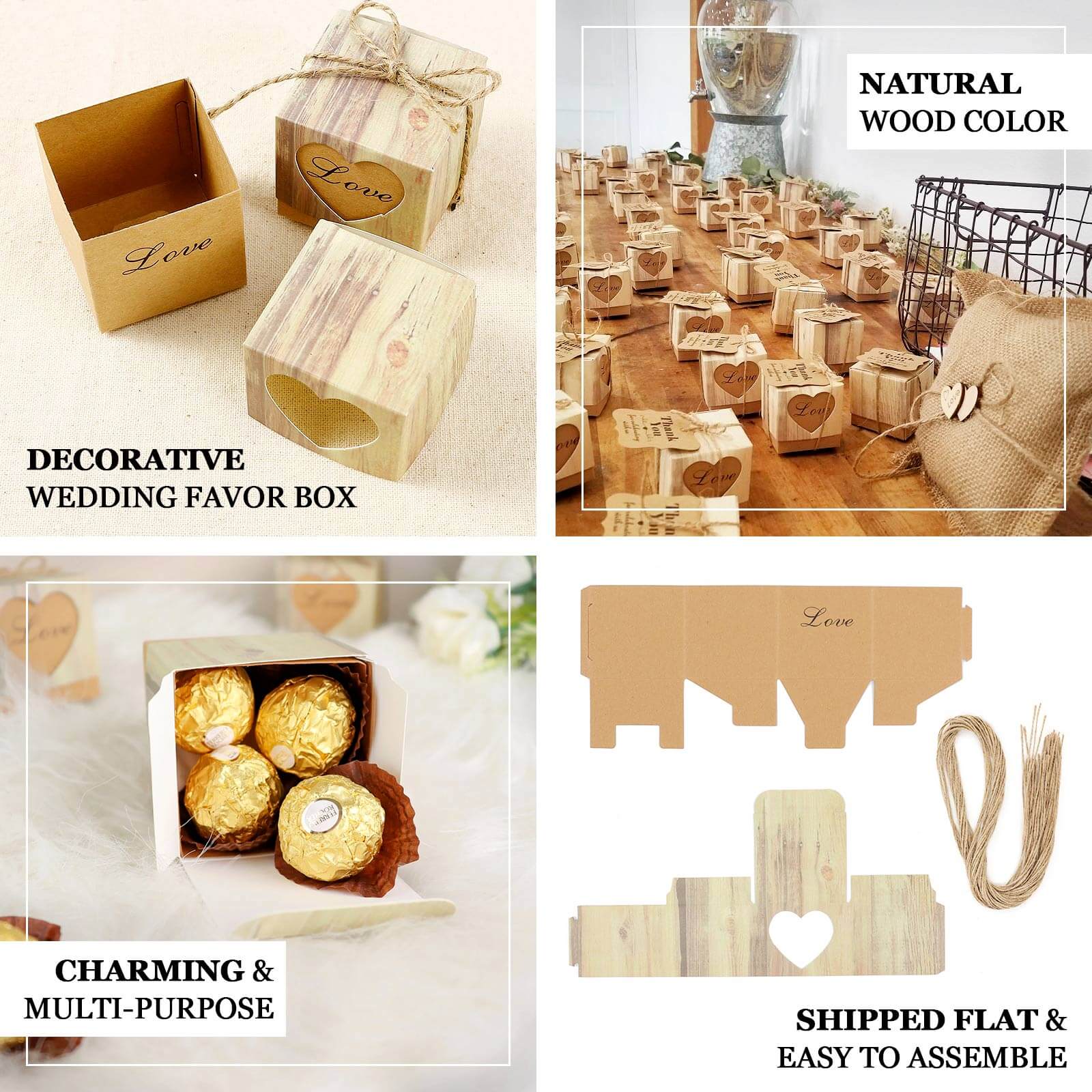 25 Pack Rustic Wood Pattern Natural Brown Paper Party Favor Boxes, Square Candy Gift Boxes with Burlap Jute Twine and Love Heart Cut Out 2.5" - Image 4