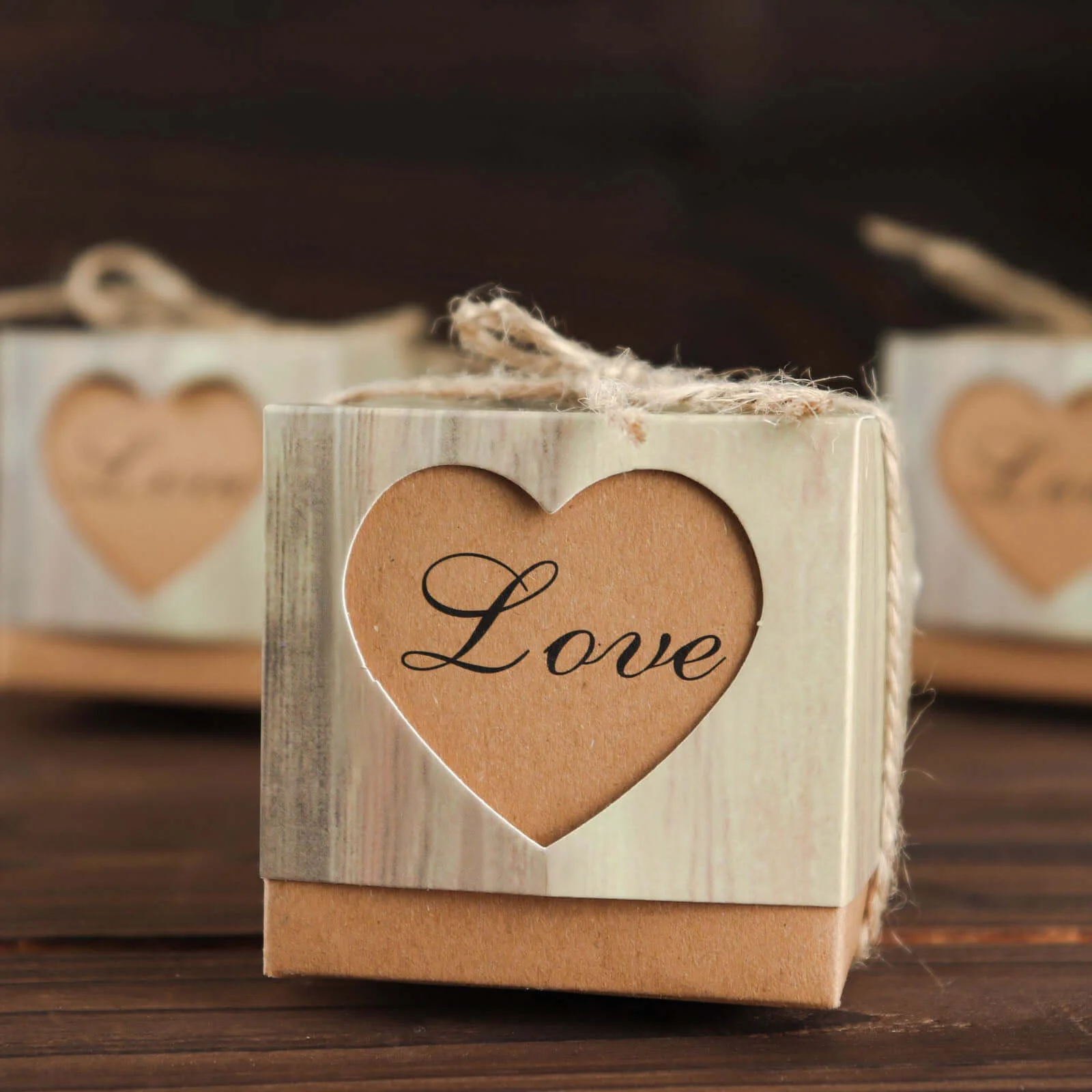 25 Pack Rustic Wood Pattern Natural Brown Paper Party Favor Boxes, Square Candy Gift Boxes with Burlap Jute Twine and Love Heart Cut Out 2.5" - Image 6