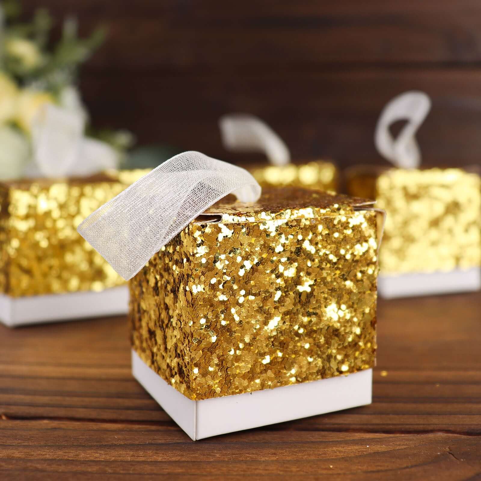 25 Pack Gold Sequin Glitter Mini Gift Boxes With White Ribbon Loop, Party Favor Boxes, Wedding Candy Cases 2" - Image 6