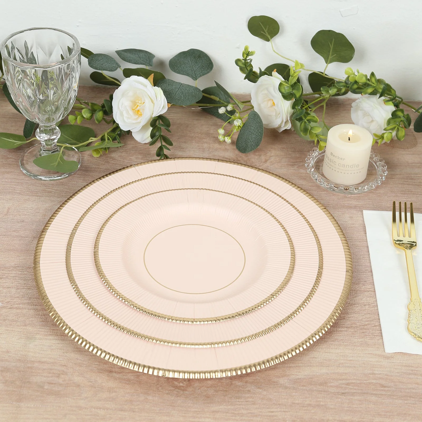 25-Pack Paper Round Dessert Plates 8" Blush Sunray Design with Gold Rim - 350GSM Heavy Duty Disposable Appetizer Salad Plates
