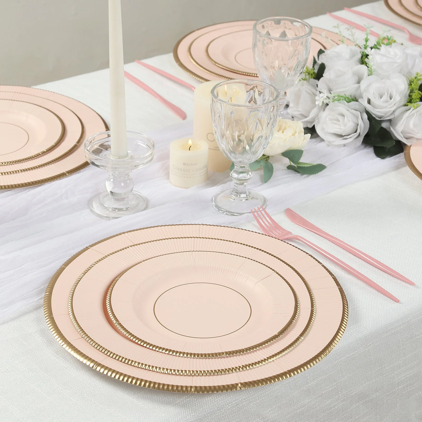 25-Pack Paper Round Dessert Plates 8" Blush Sunray Design with Gold Rim - 350GSM Heavy Duty Disposable Appetizer Salad Plates - Image 3
