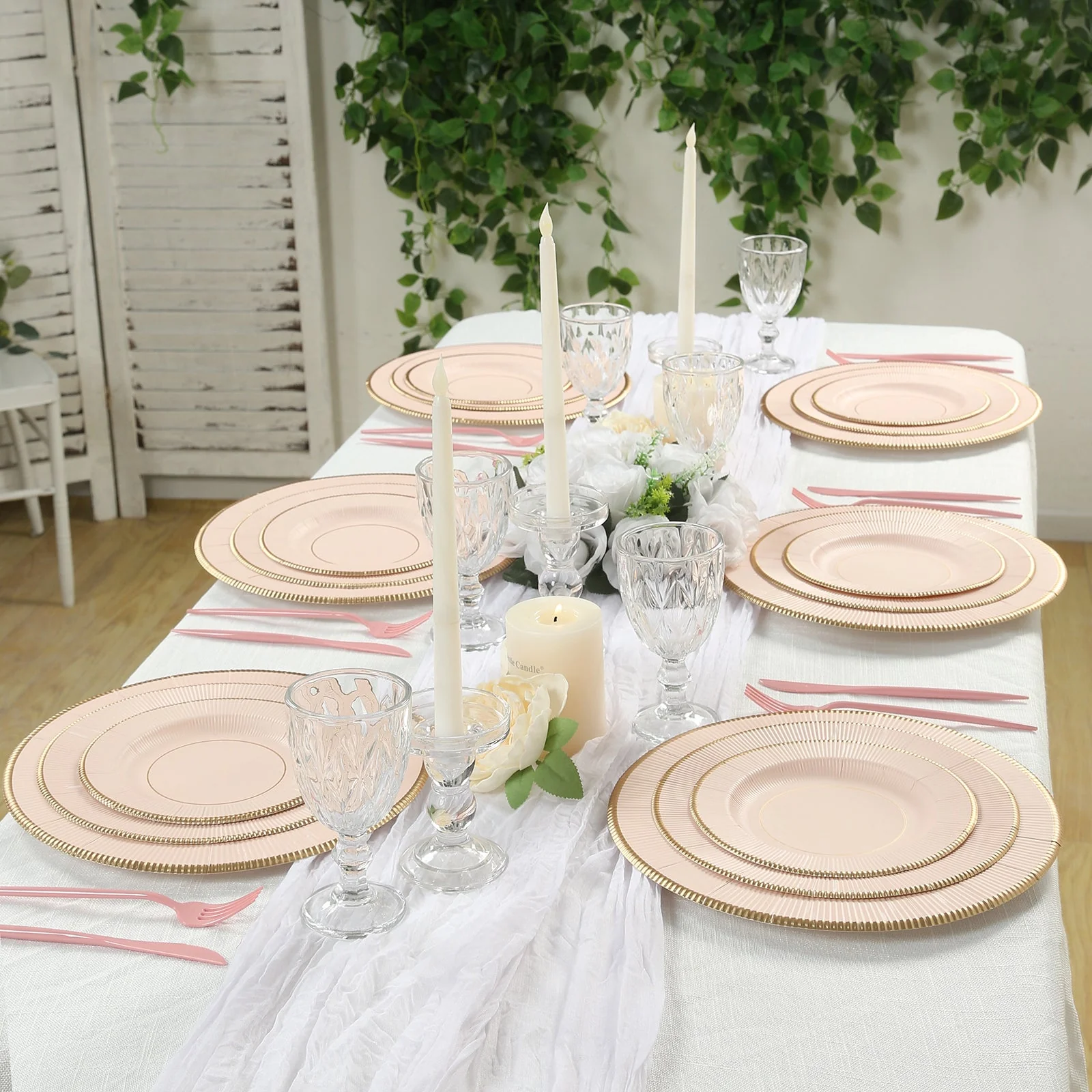 25-Pack Paper Round Dessert Plates 8" Blush Sunray Design with Gold Rim - 350GSM Heavy Duty Disposable Appetizer Salad Plates - Image 9