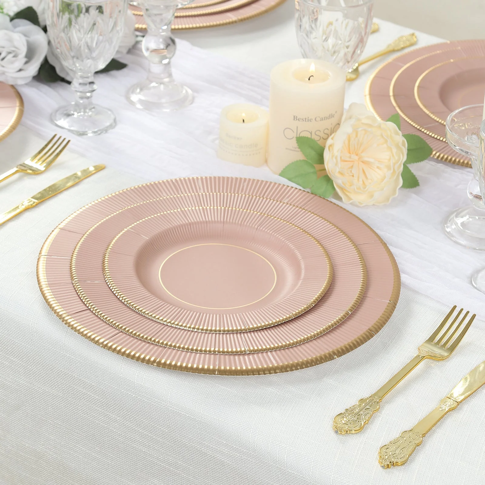 25-Pack Paper Round Dessert Plates 8" Dusty Rose Sunray Design with Gold Rim - 350GSM Heavy Duty Disposable Appetizer Salad Plates