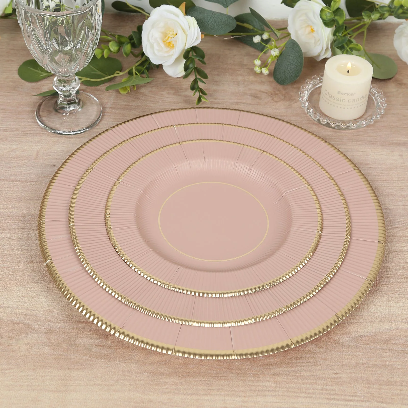 25-Pack Paper Round Dessert Plates 8" Dusty Rose Sunray Design with Gold Rim - 350GSM Heavy Duty Disposable Appetizer Salad Plates - Image 3