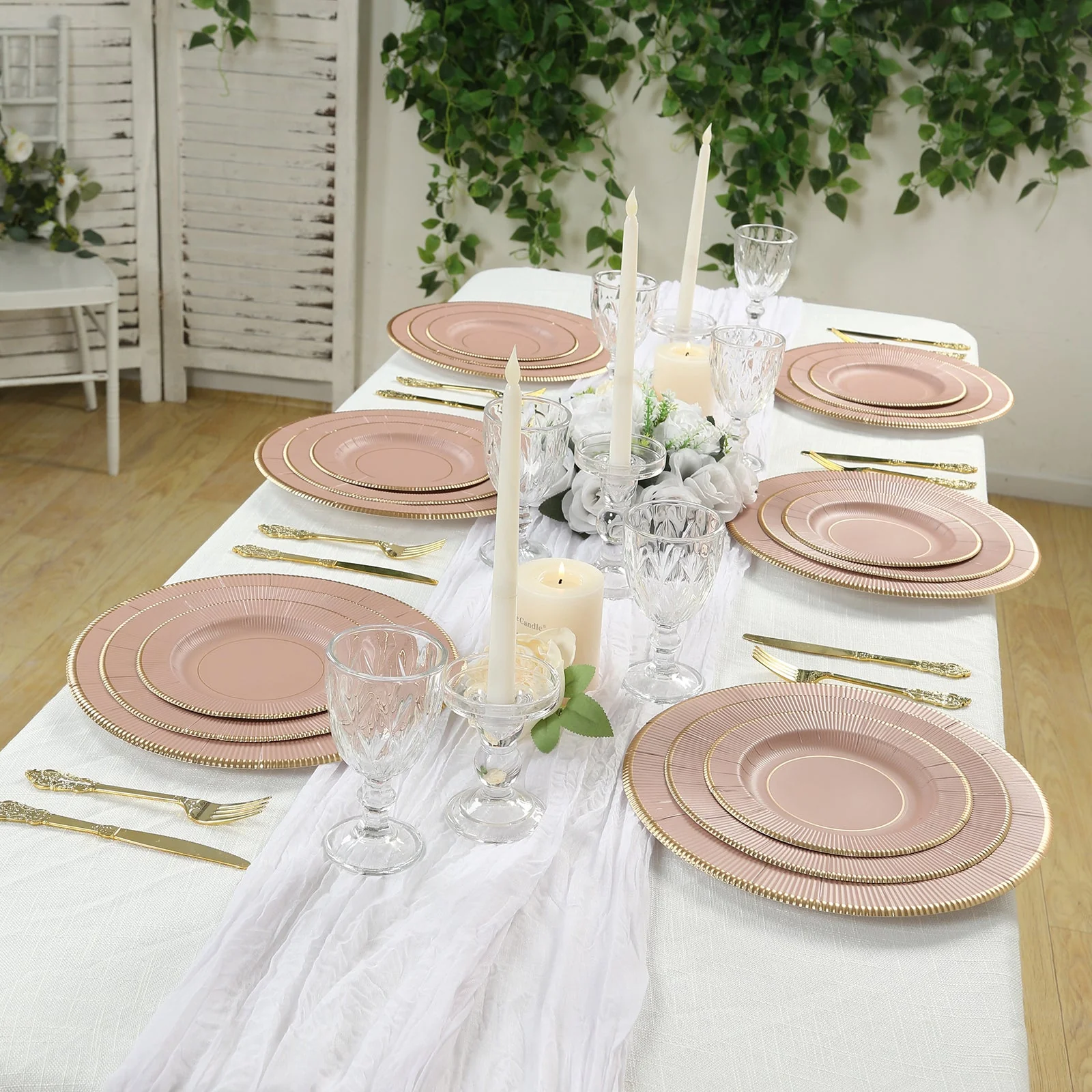 25-Pack Paper Round Dessert Plates 8" Dusty Rose Sunray Design with Gold Rim - 350GSM Heavy Duty Disposable Appetizer Salad Plates - Image 9
