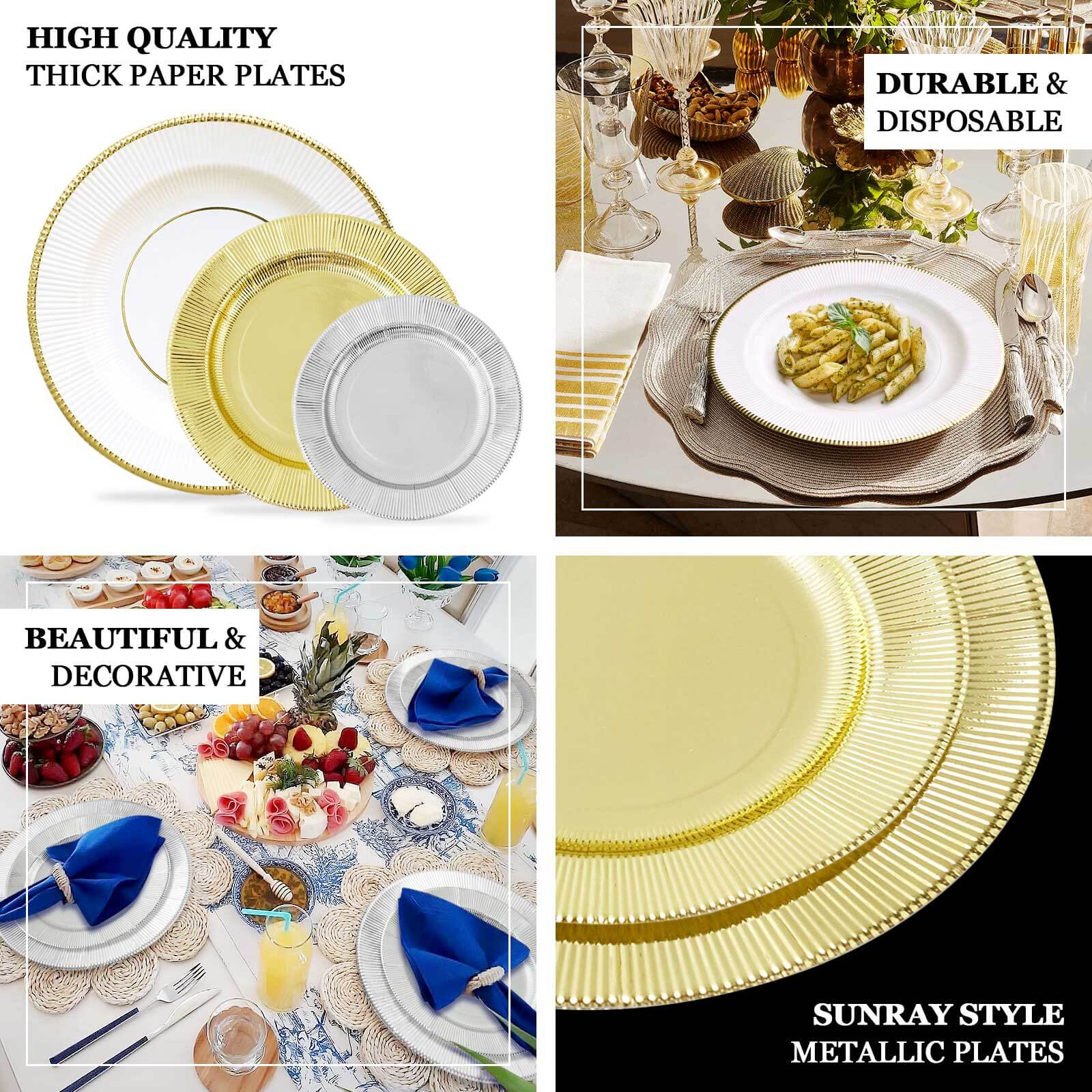 25-Pack Paper Round Dessert Plates 8" Lavender Lilac Sunray Design with Gold Rim - 350GSM Heavy Duty Disposable Appetizer Salad Plates - Image 5
