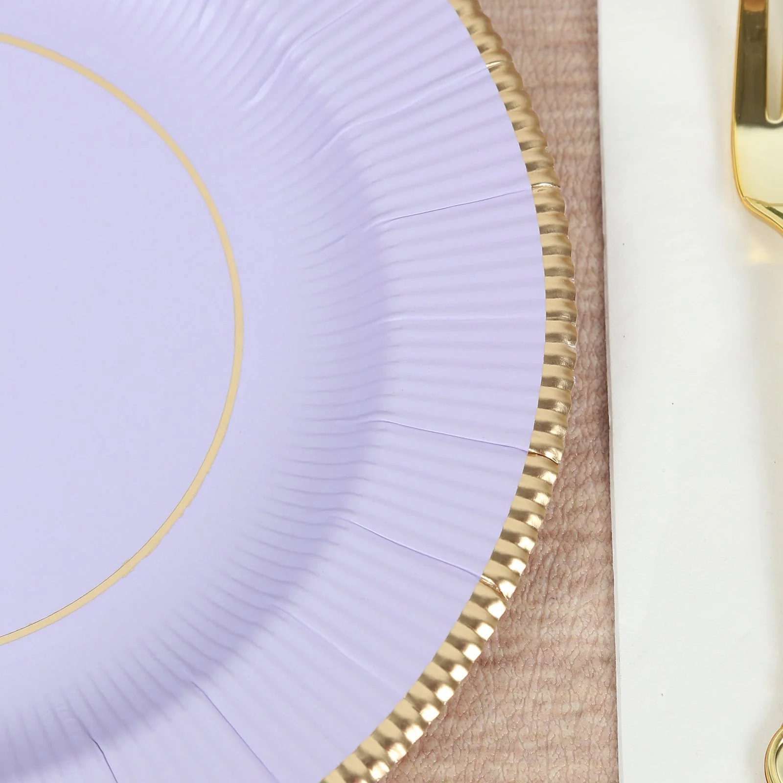 25-Pack Paper Round Dessert Plates 8" Lavender Lilac Sunray Design with Gold Rim - 350GSM Heavy Duty Disposable Appetizer Salad Plates - Image 7