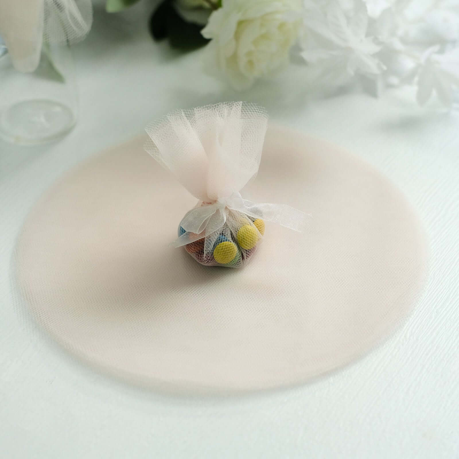 25 Pack Beige Sheer Nylon Tulle Circles Favor Wrap Craft Fabric, DIY Candy Favor Wraps 9"