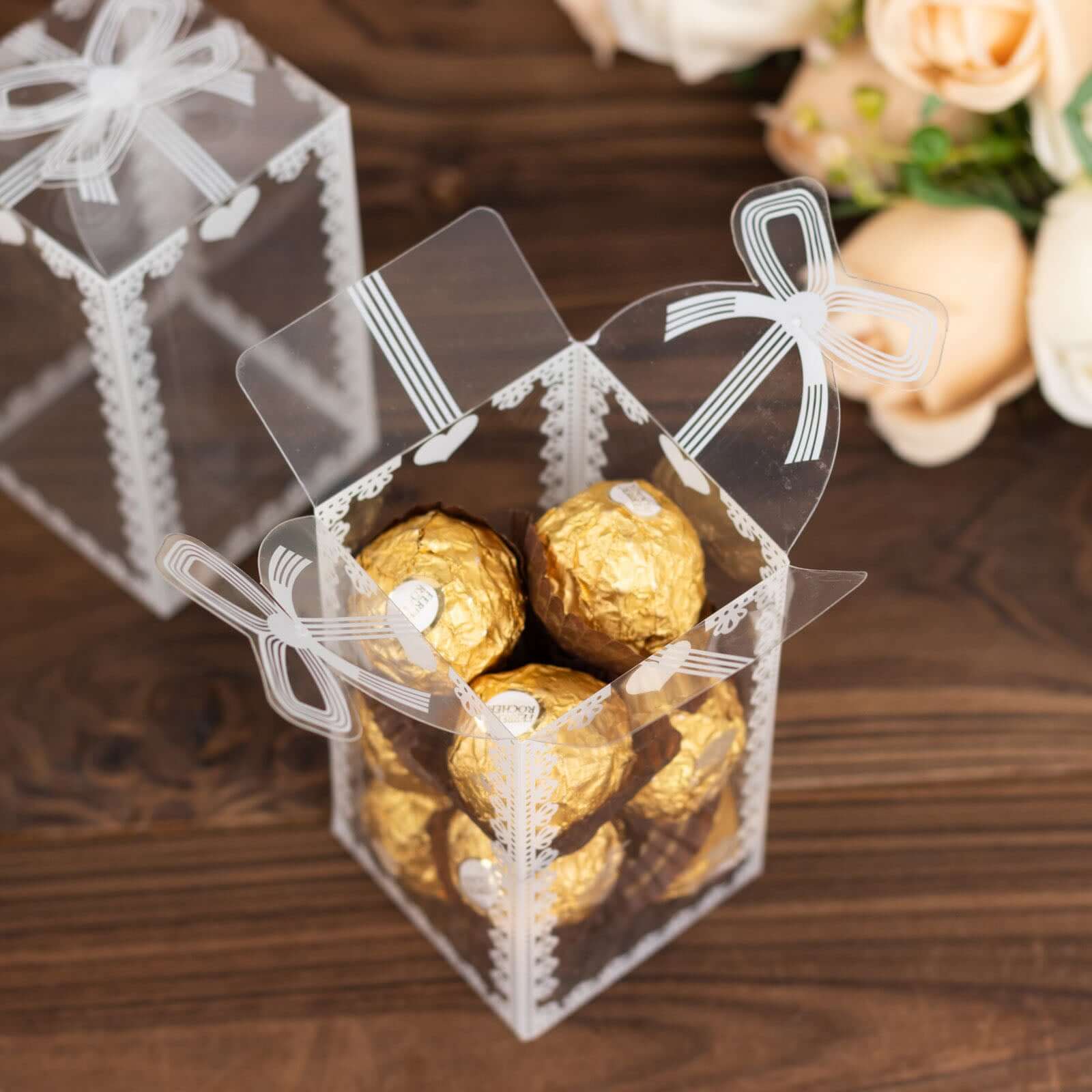 25 Pack Clear Rectangle Party Favor Boxes With Bowknot and White Lace Pattern, 4" Transparent Plastic Candy Gift Boxes - 2"x2"x4" - Image 12