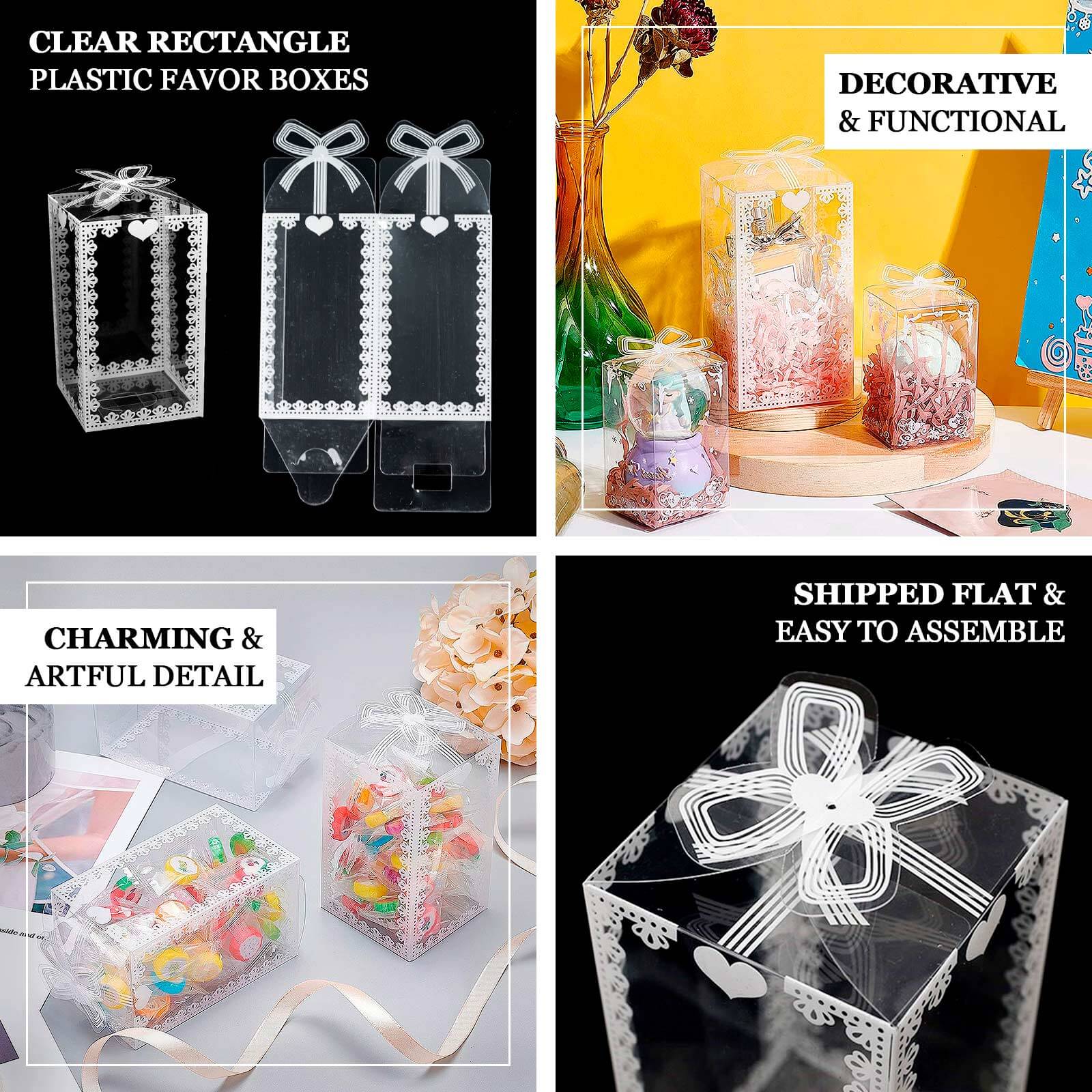 25 Pack Clear Rectangle Party Favor Boxes With Bowknot and White Lace Pattern, 4" Transparent Plastic Candy Gift Boxes - 2"x2"x4" - Image 4