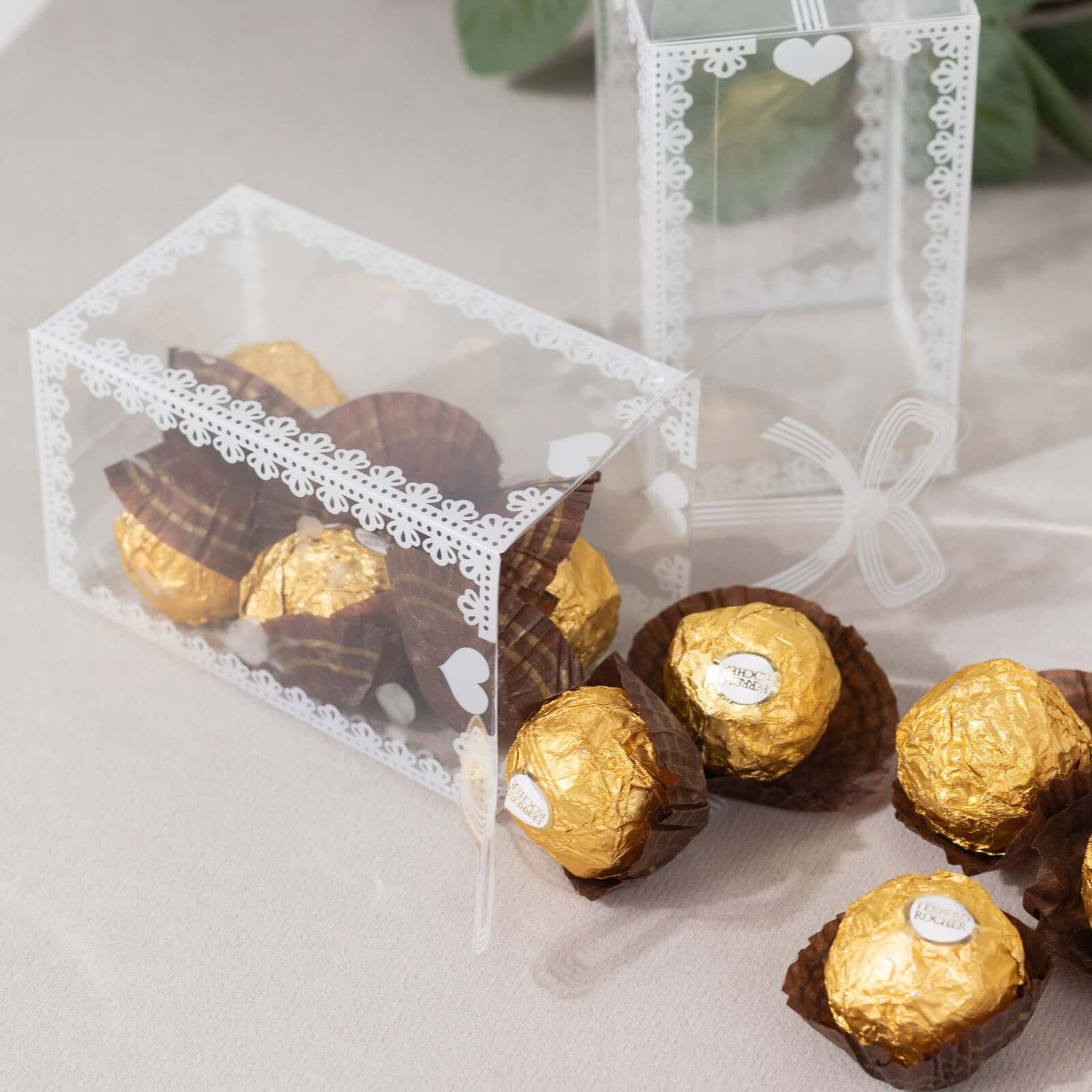 25 Pack Clear Rectangle Party Favor Boxes With Bowknot and White Lace Pattern, 4" Transparent Plastic Candy Gift Boxes - 2"x2"x4" - Image 7
